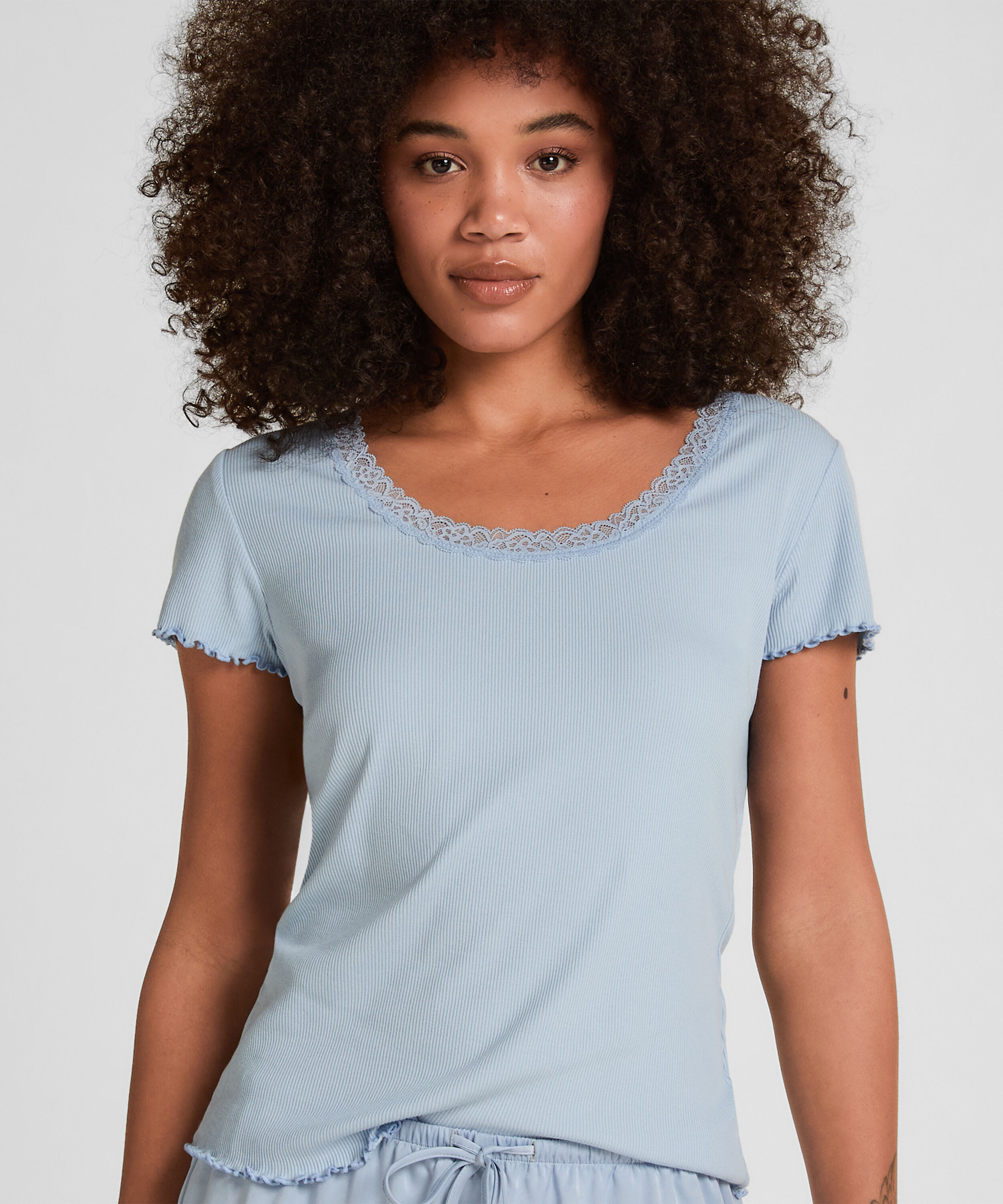 Pyjamas Topp Jersey Rib med Blonder, Blå Pyjamas Topp Jersey Rib med Blonder, Blå