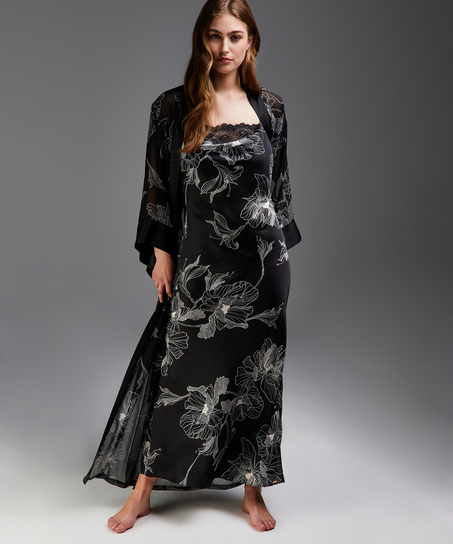 Lotus lang chiffonkimono, Svart