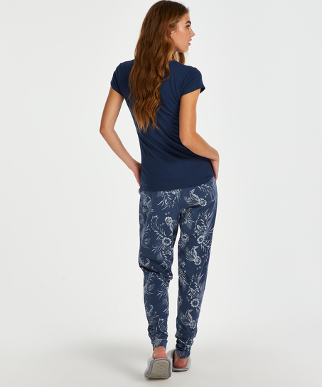 Ribbestrikket pysjamastopp med korte ermer., Blå