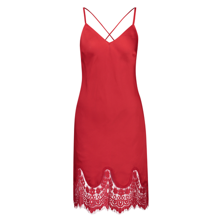 Lace Satin Slip Dress, Rød