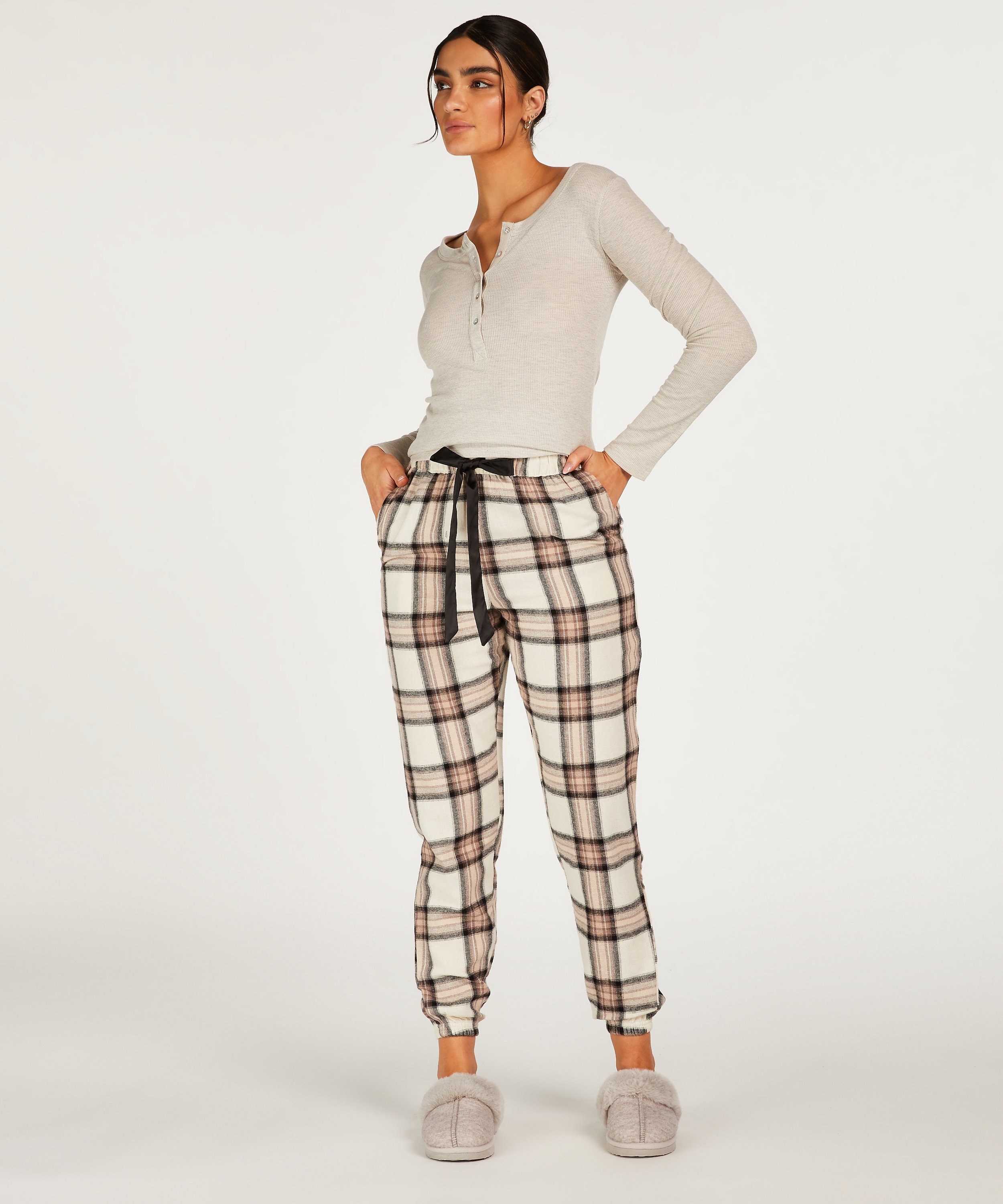 Petite Twill check pysjamasbukse, Beige, main
