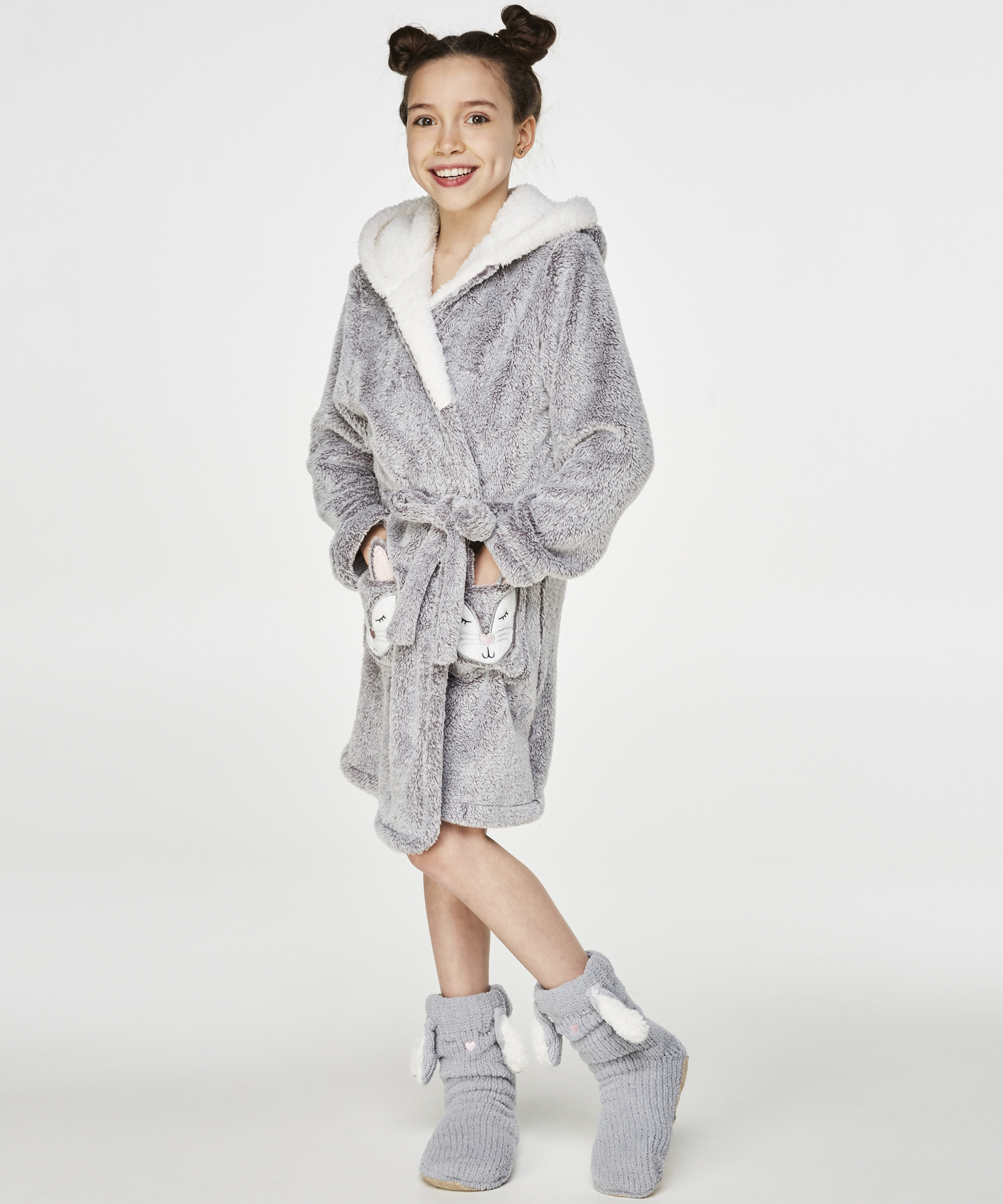 Teens Fleece Bathrobe, Grå, main