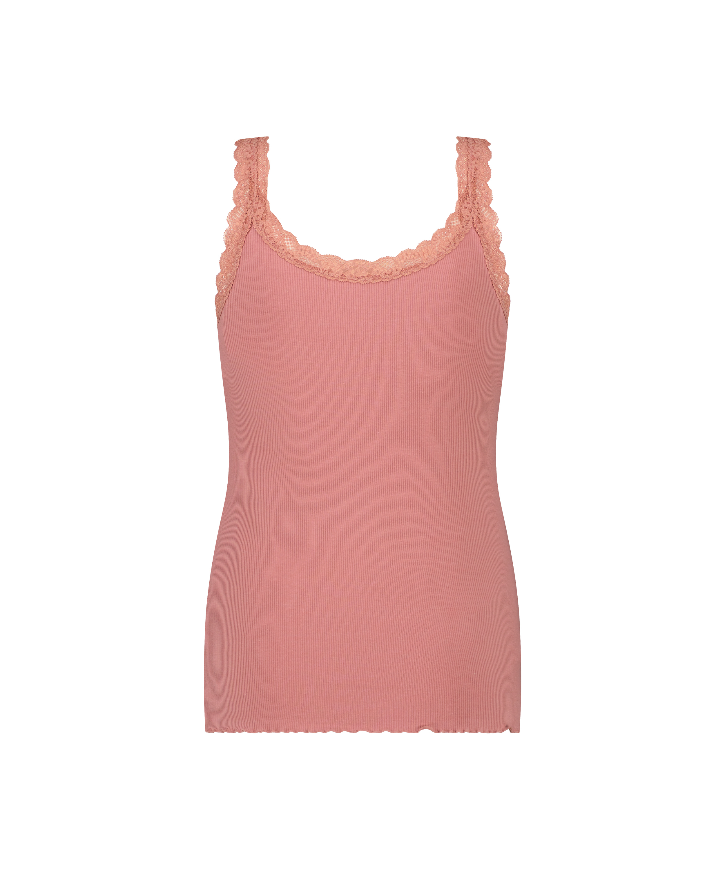 Ribbestrikket singlet med blonder, Rosa, main