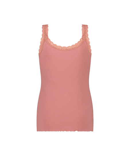 Ribbestrikket singlet med blonder, Rosa