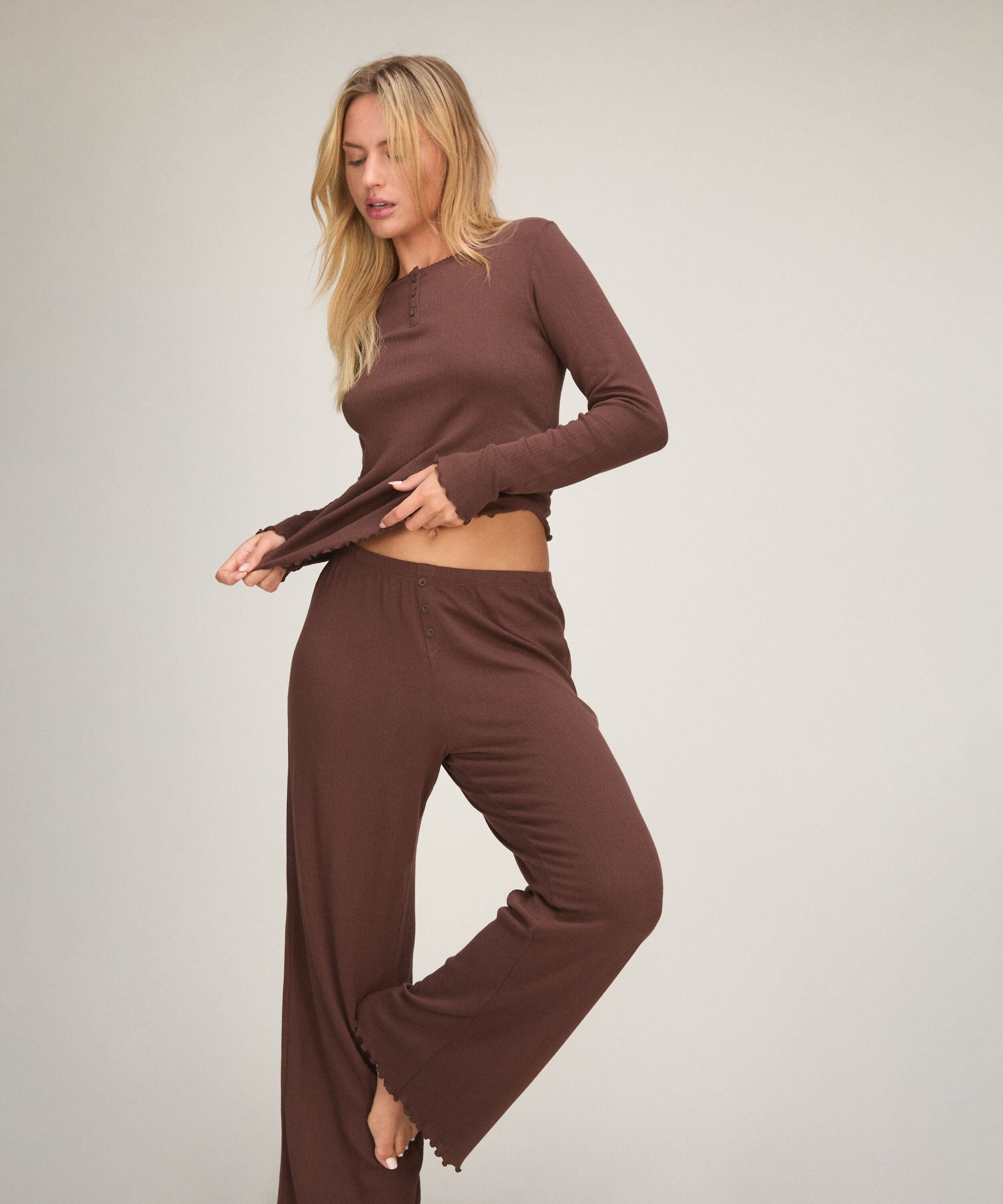 Pyjamasbukse Loose Pointelle, Brun Pyjamasbukse Loose Pointelle, Brun