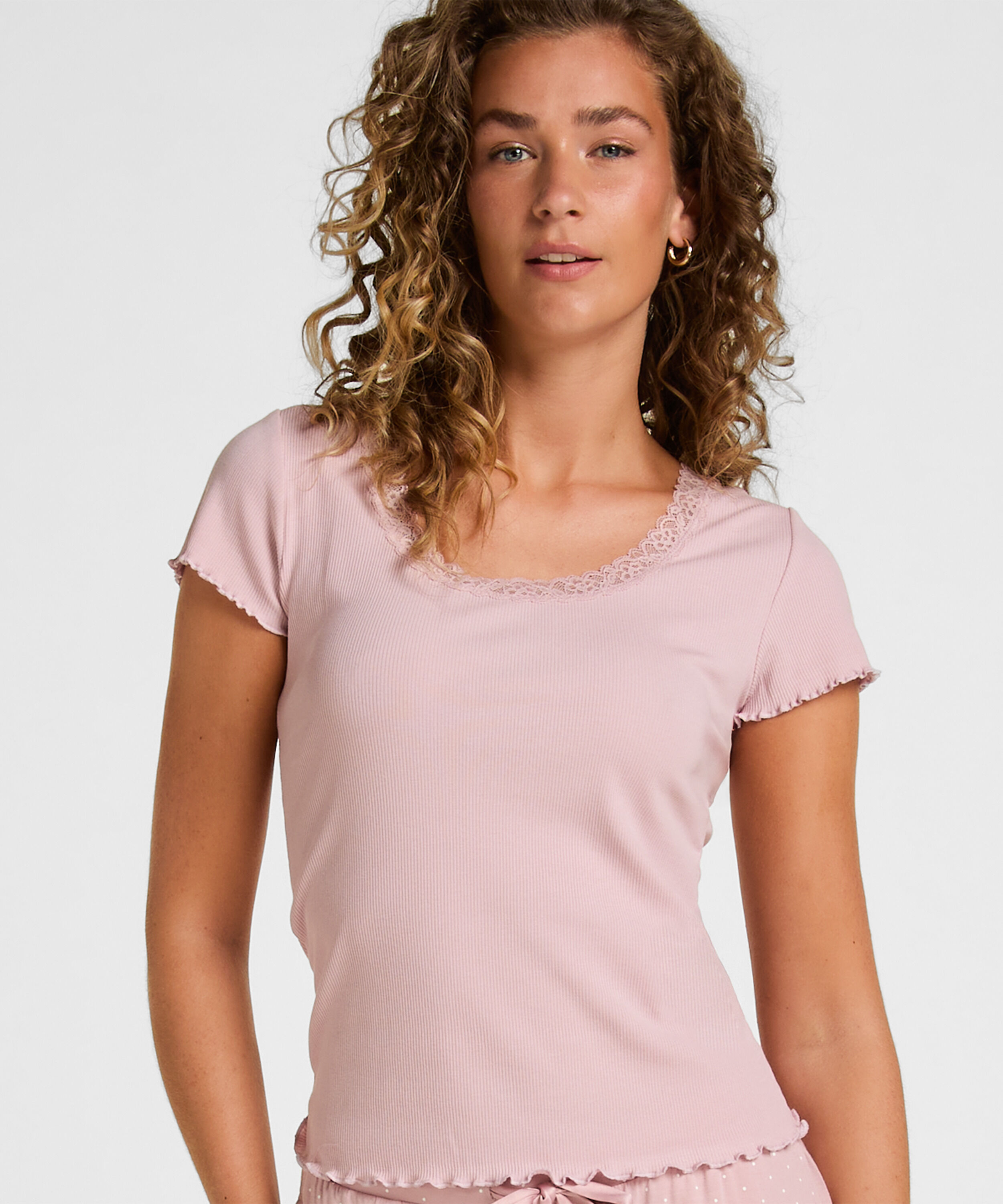Pyjamas Topp Jersey Rib med Blonder, Rosa