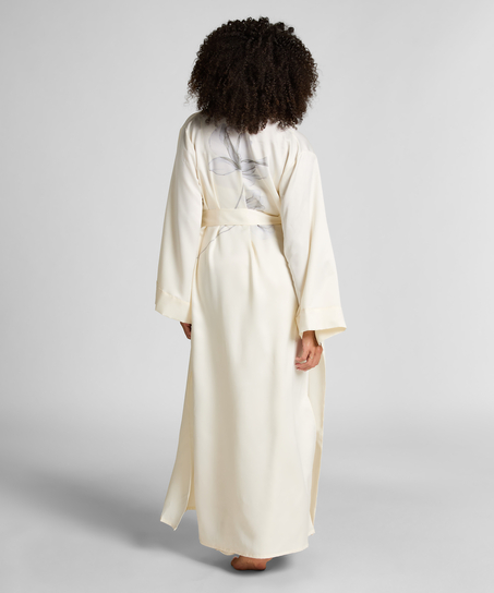 Lang kimono i sateng med blomstermotiv, Hvit