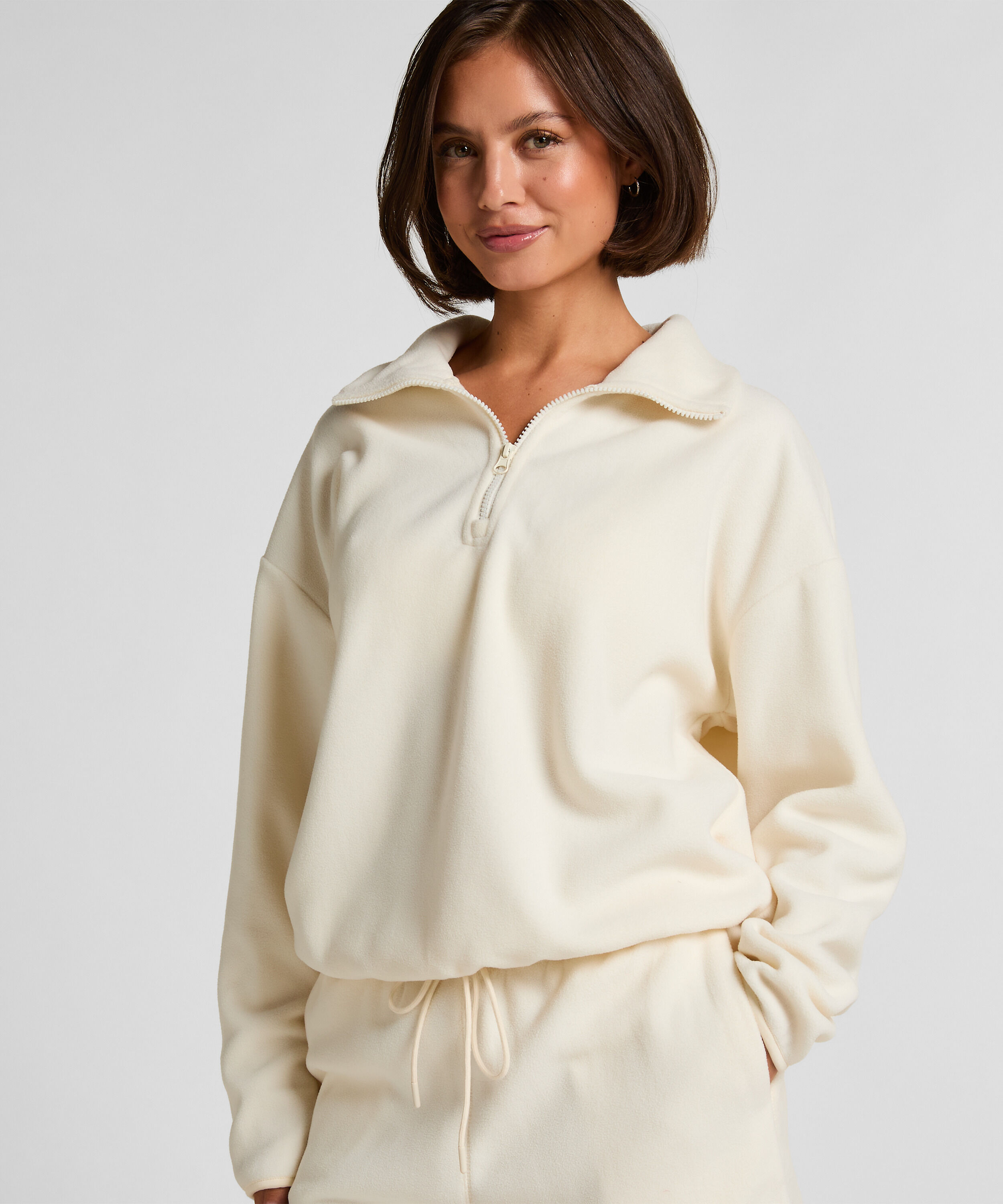 Topp med halv glidelås og sporty fleece, Hvit