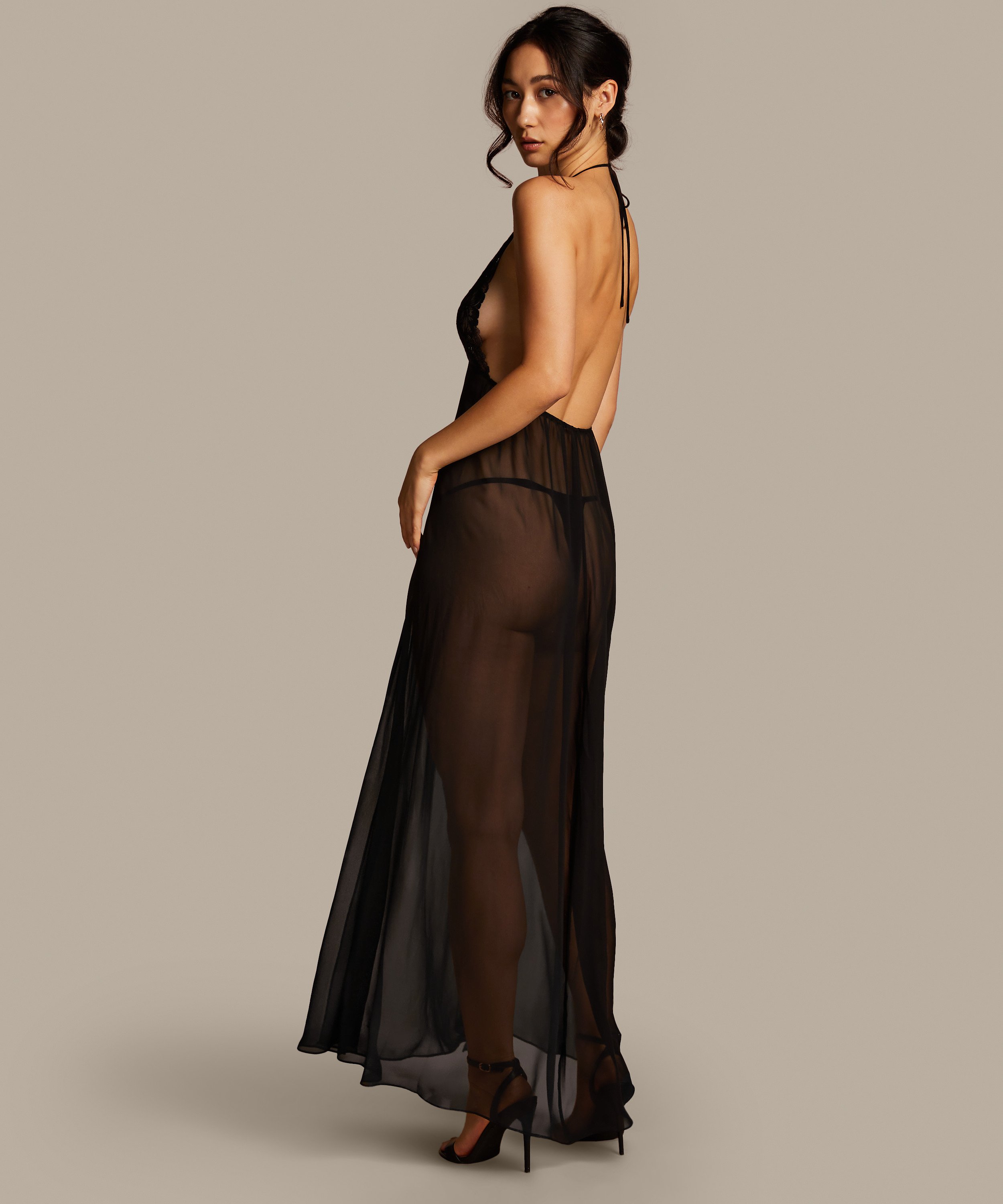 Satin Chiffon kjole Lily, Svart, main