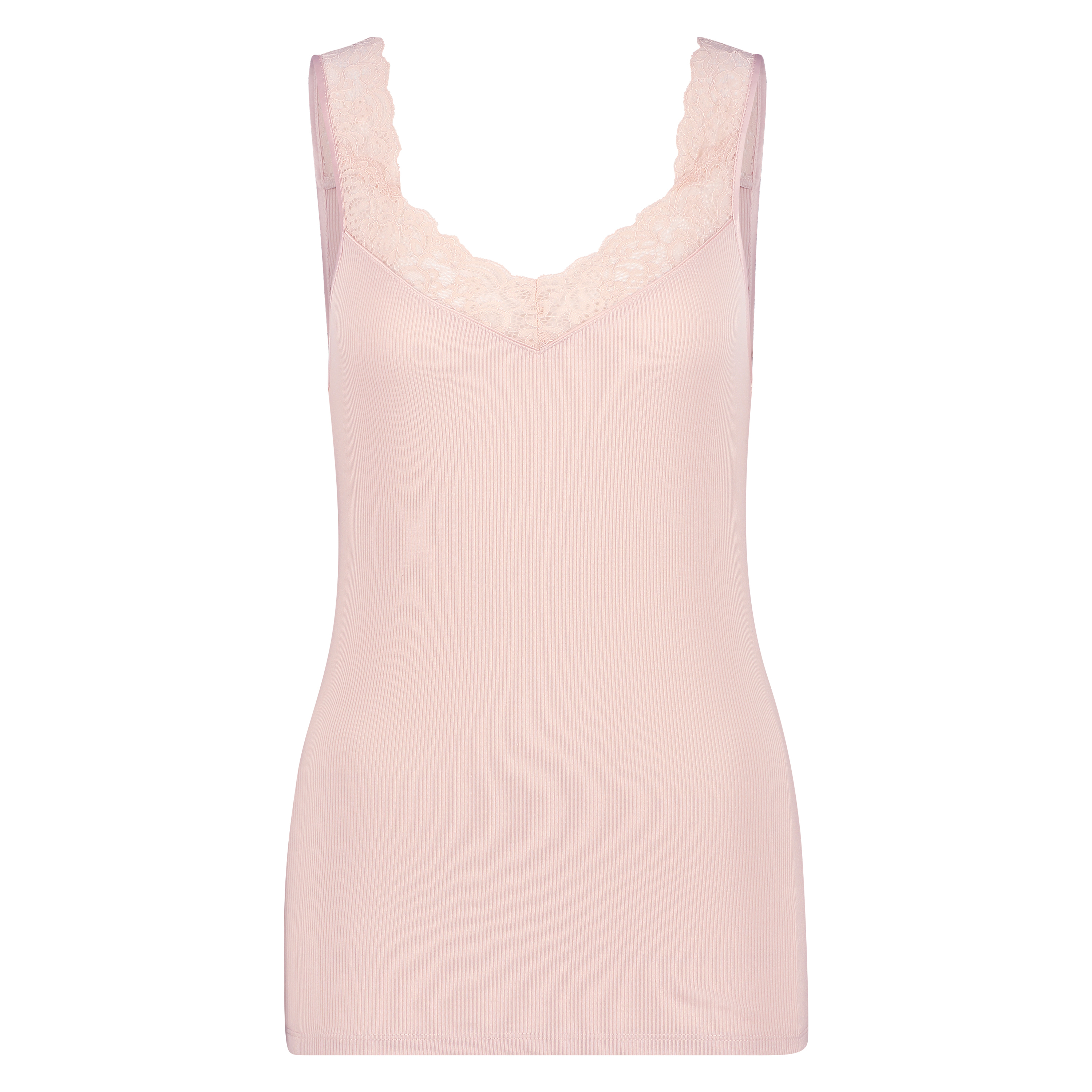 Ribbestrikket singlet med blonder, Rosa, main