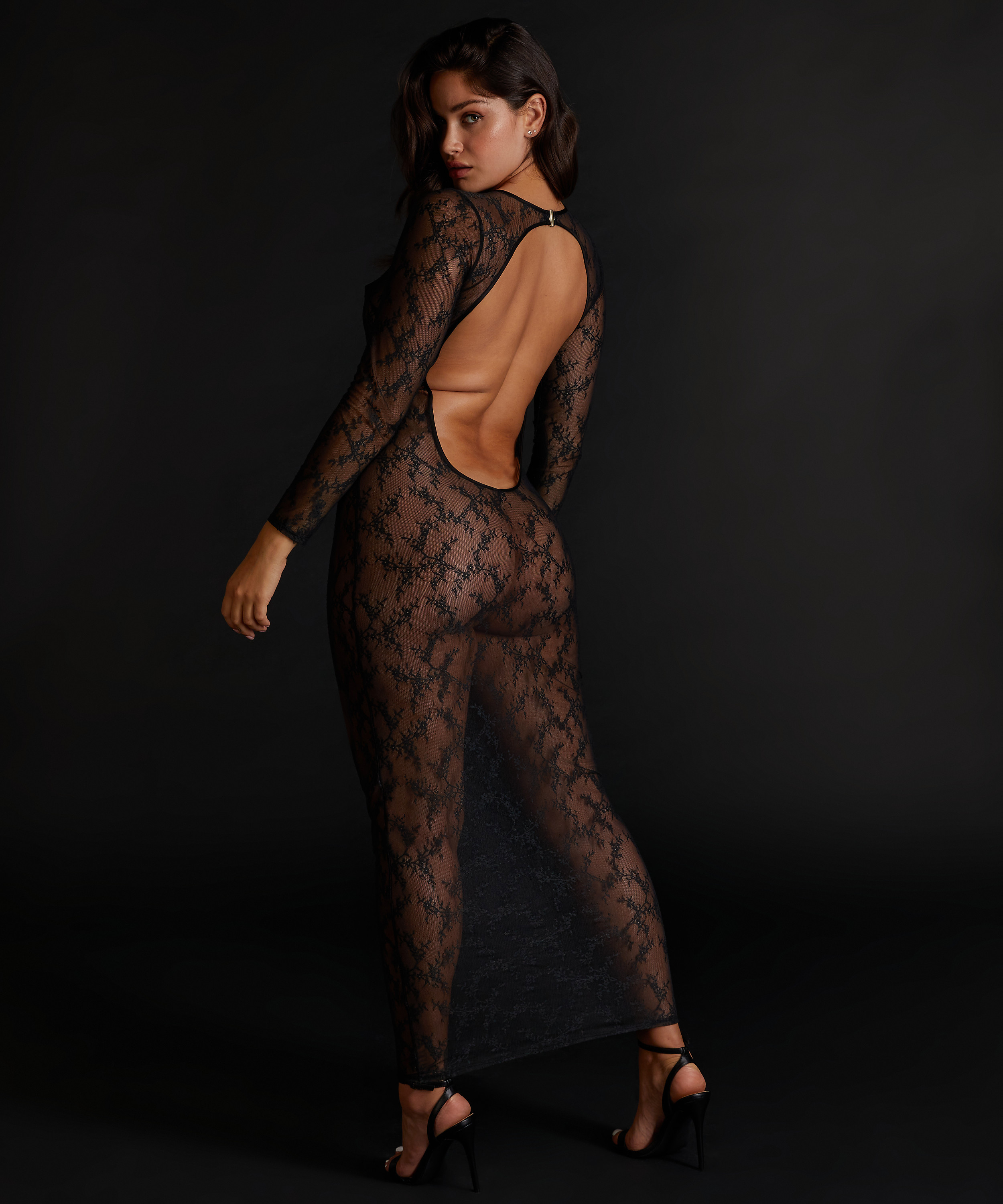 Langermet bodycon lace slipdress, Svart, main