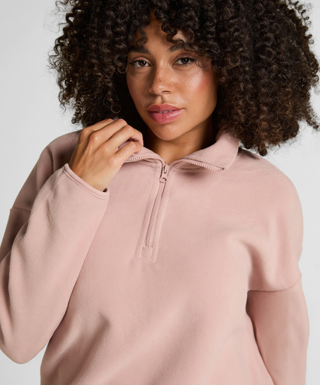 Topp med halv glidelås og sporty fleece, Rosa