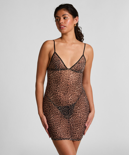 Leopard slipkjole i netting, Svart