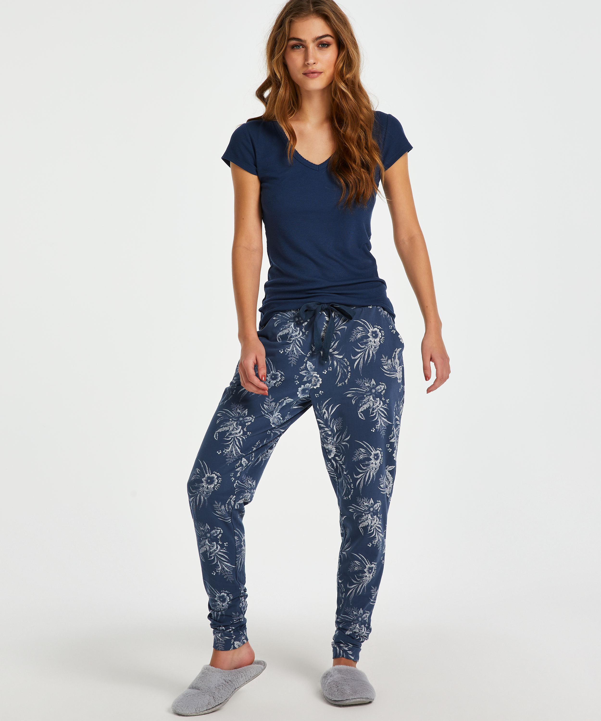 Ribbestrikket pysjamastopp med korte ermer., Blå, main