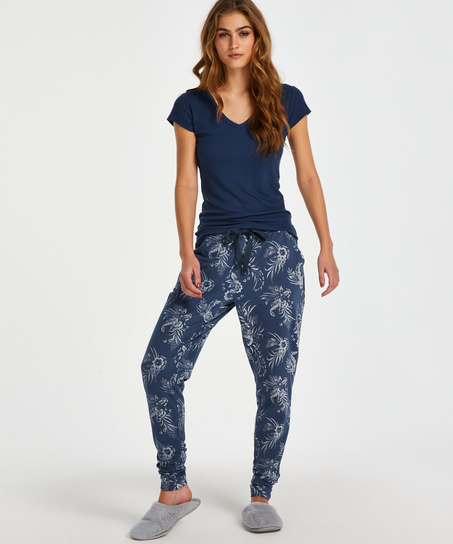 Ribbestrikket pysjamastopp med korte ermer., Blå