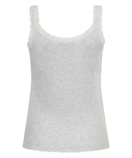 Ribbestrikket singlet med blonder, Beige