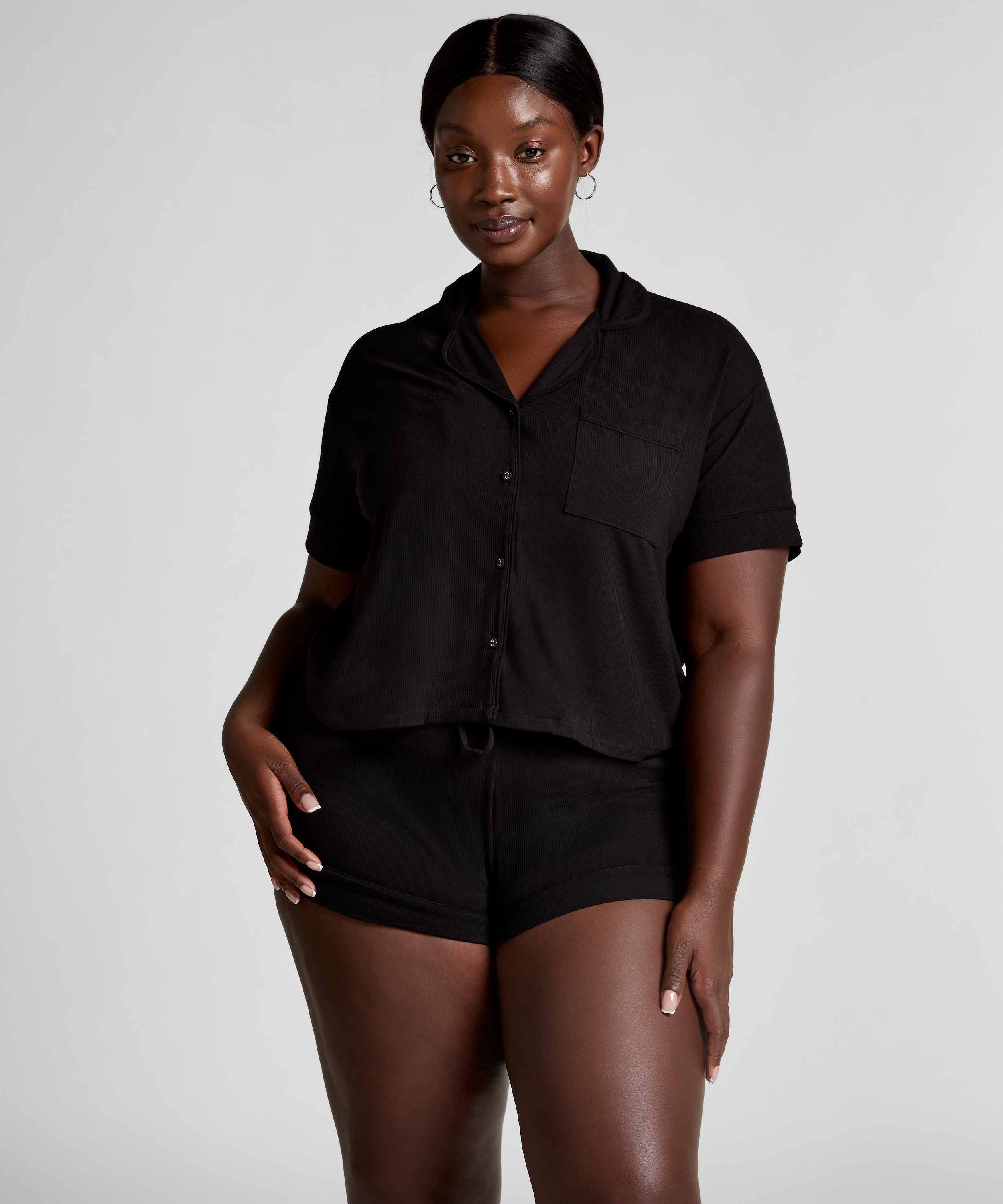 Shorts i ribbestrikket jersey – Basisplagg, Svart, main