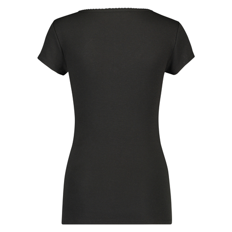 Ribbestrikket pysjamastopp med korte ermer., Svart