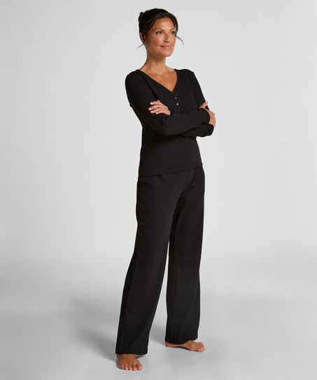 Langermet pysjamastopp Henley, Svart