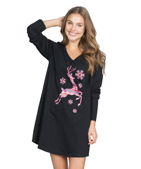 Nightshirt V-neck long sleeves, Svart