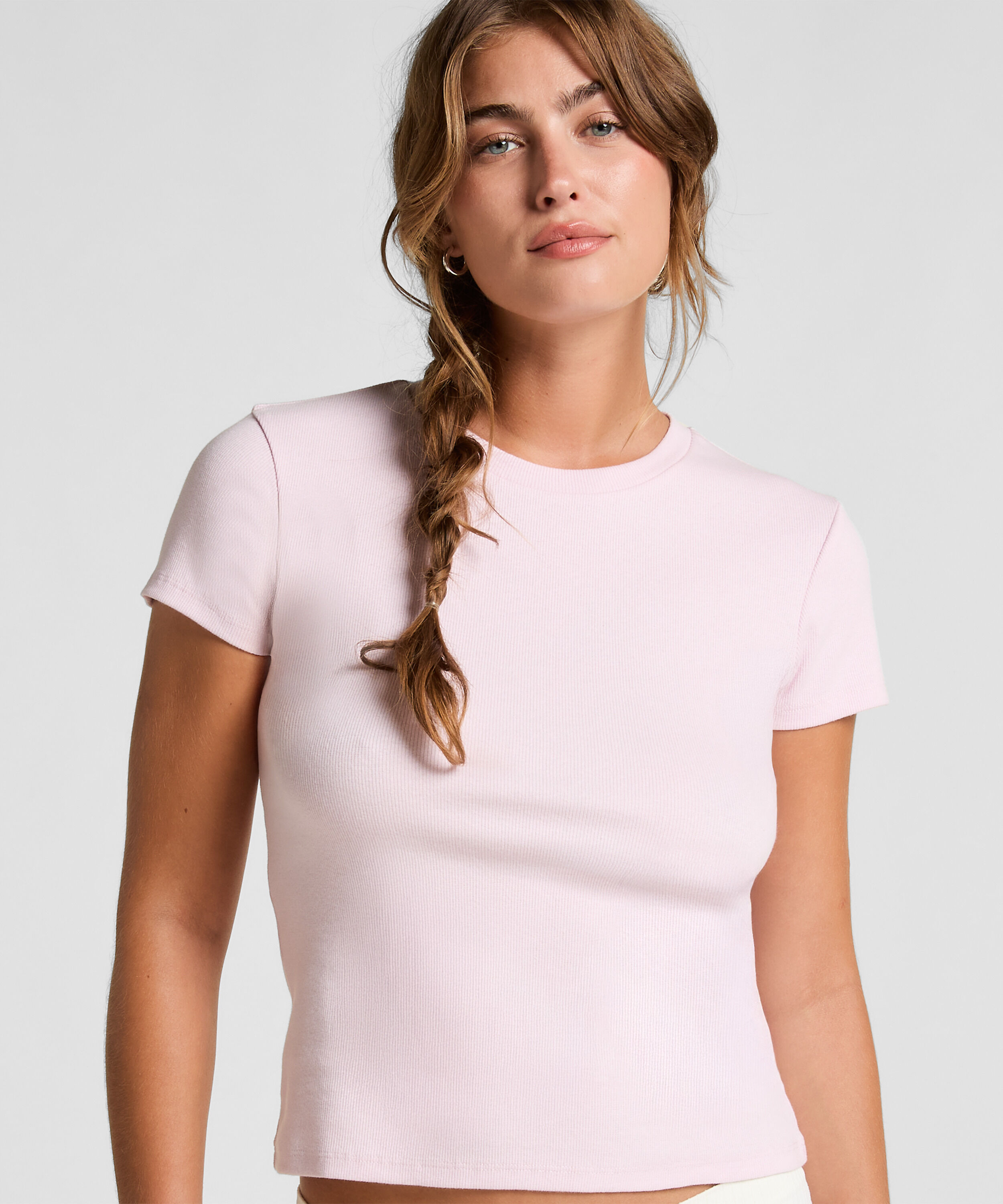 Ribbed Crew Neck Short-Sleeved Pyjama Top, Rosa