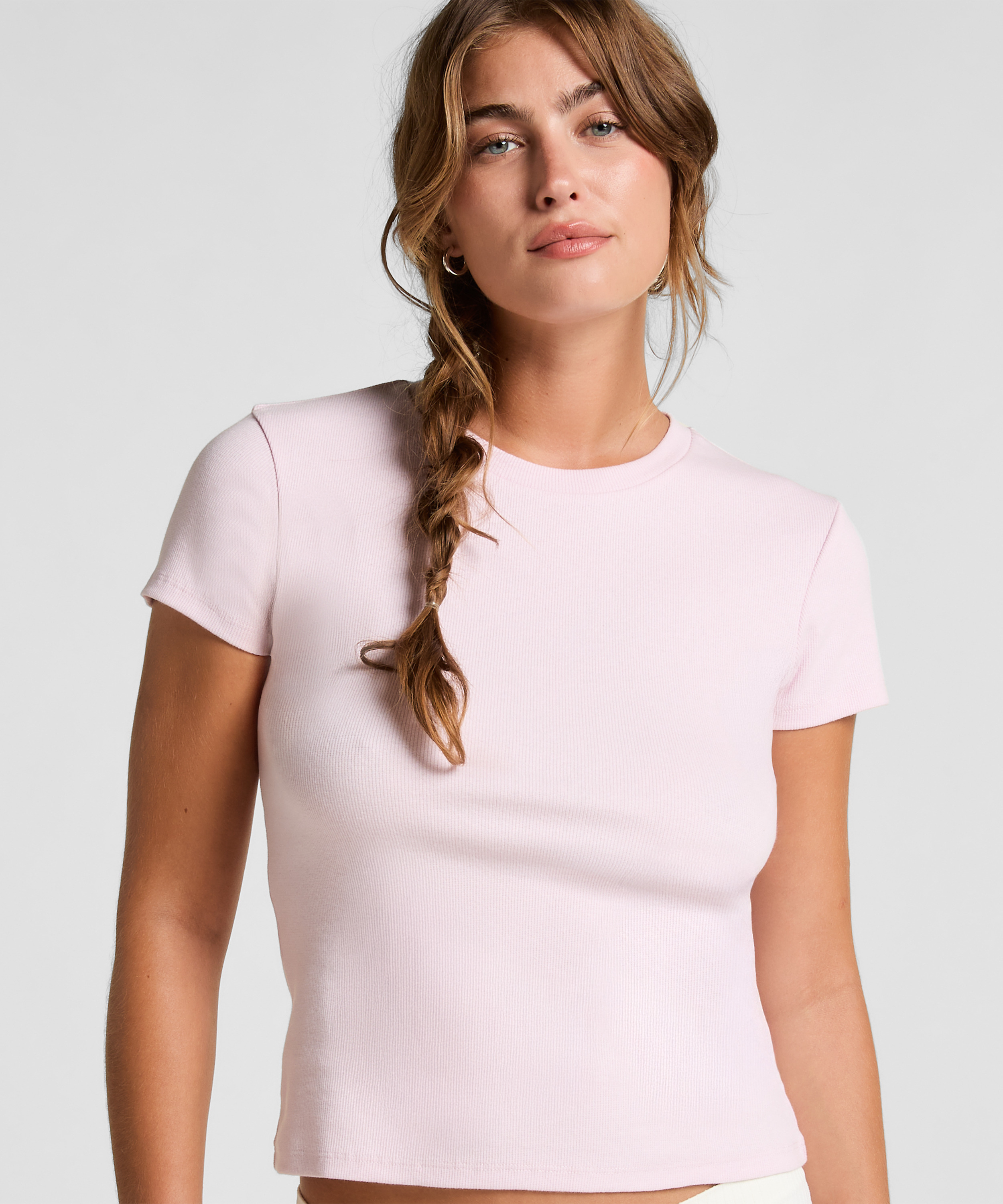 Ribbed Crew Neck Short-Sleeved Pyjama Top, Rosa, main