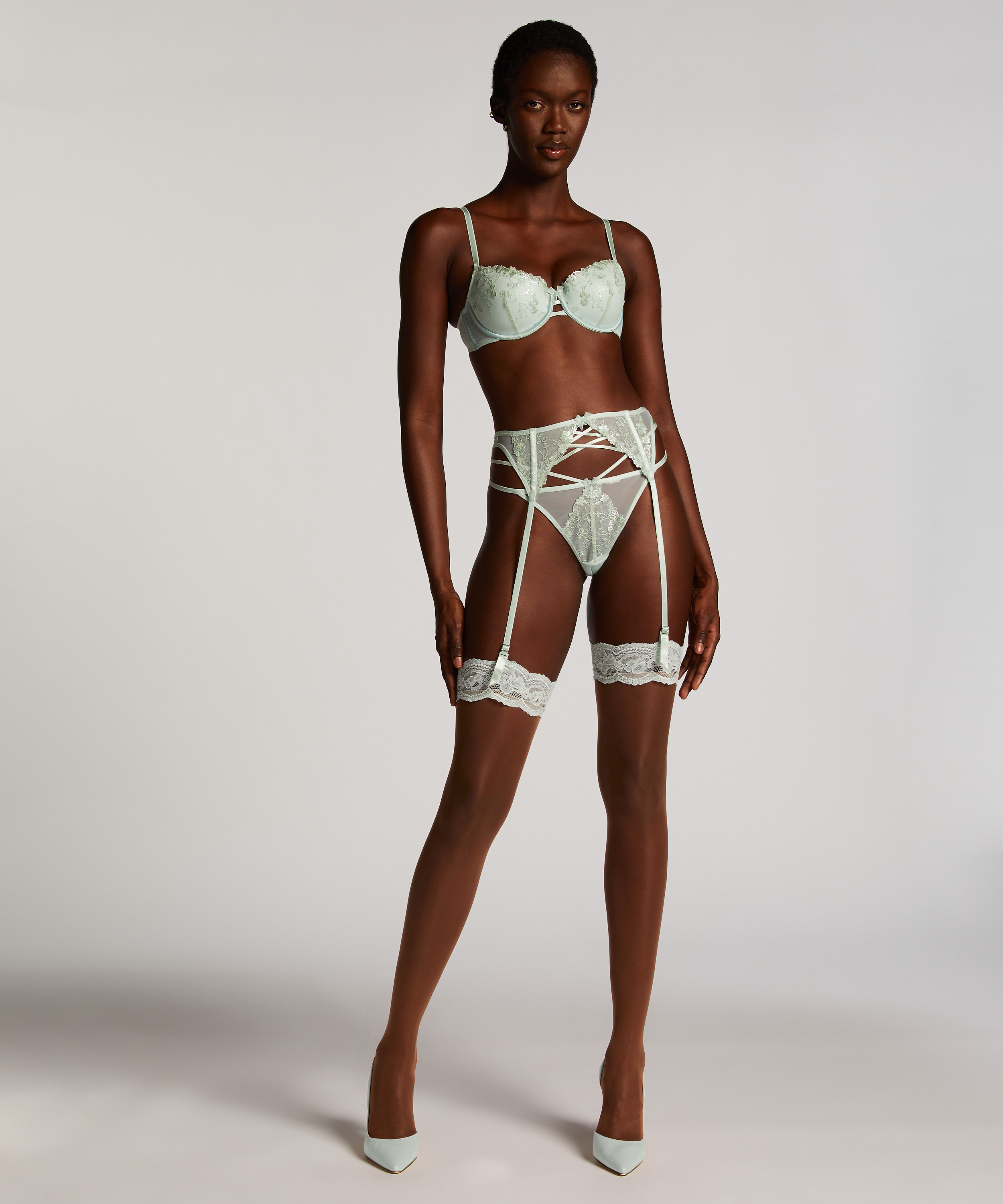 Strømper 15 denier fancy lace topp, Grønn, main