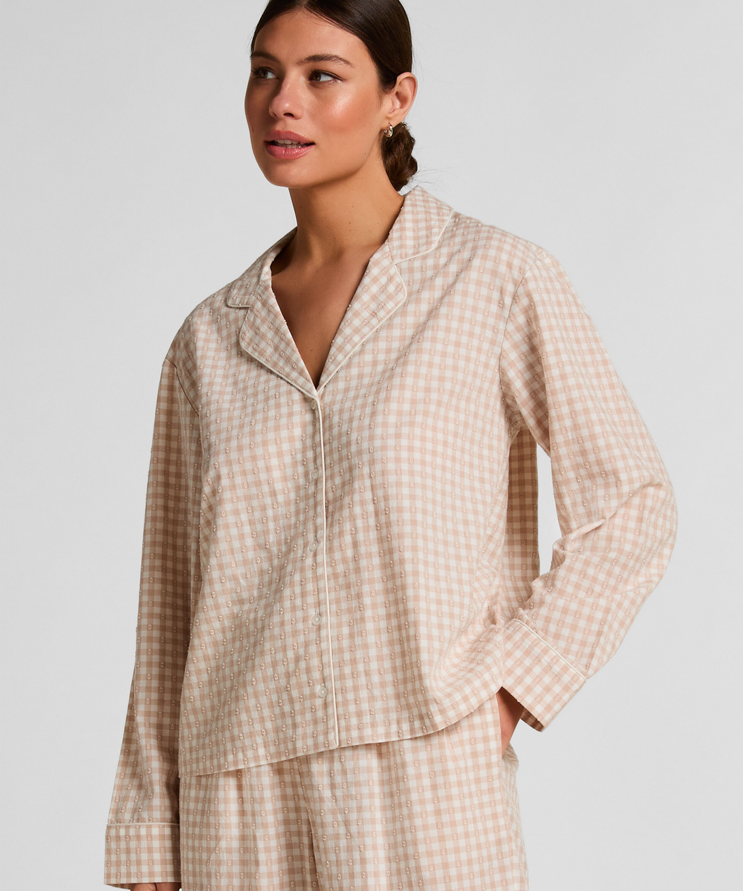 Dobby Pyjamasjakke i Vevd Bomull, Beige Dobby Pyjamasjakke i Vevd Bomull, Beige
