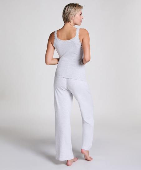 Ribbestrikket singlet med blonder, Beige