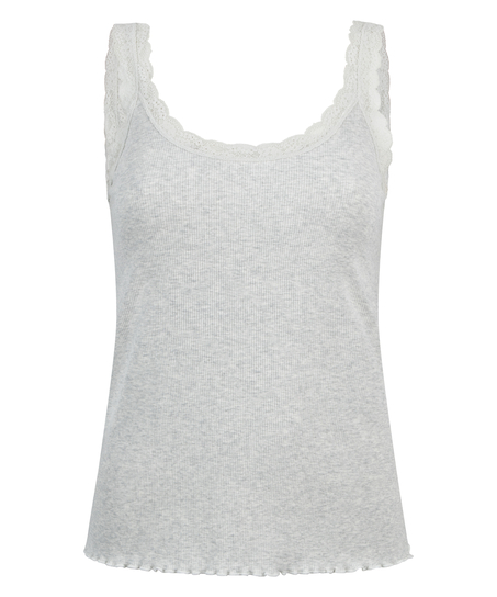 Ribbestrikket singlet med blonder, Beige
