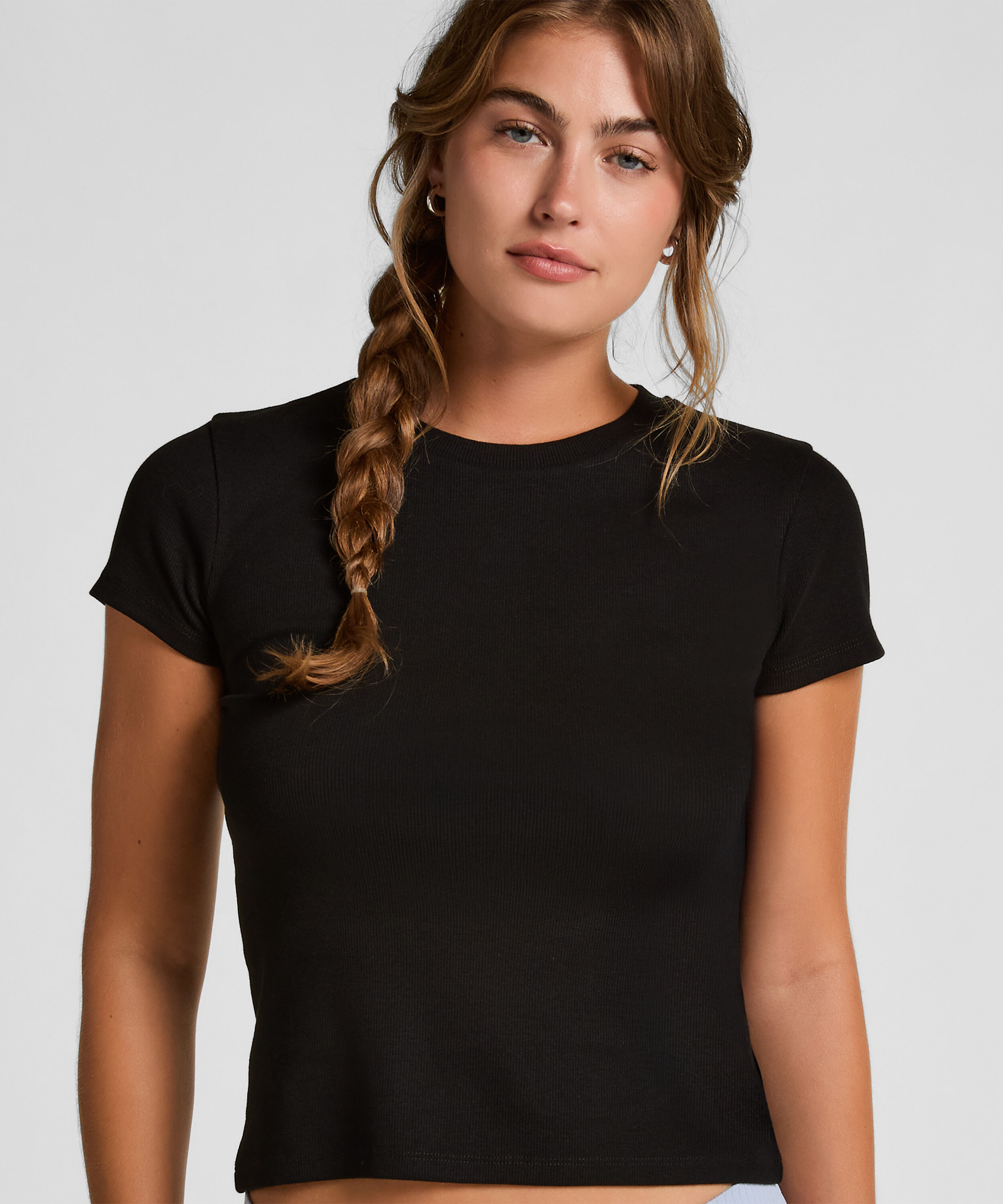 Ribbed Crew Neck Short-Sleeved Pyjama Top, Svart
