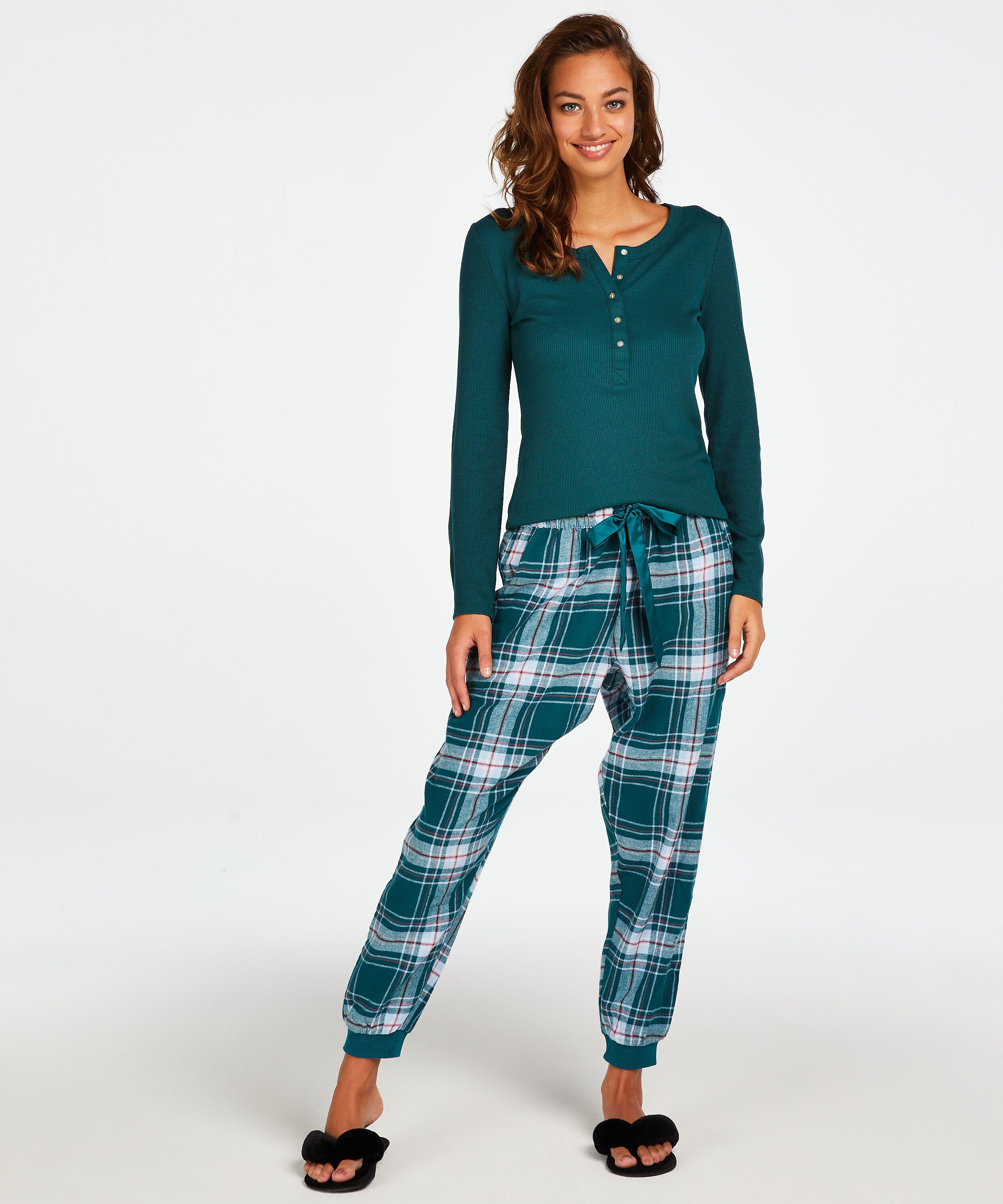 Twill check petite pysjamasbukse, Bl&aring;