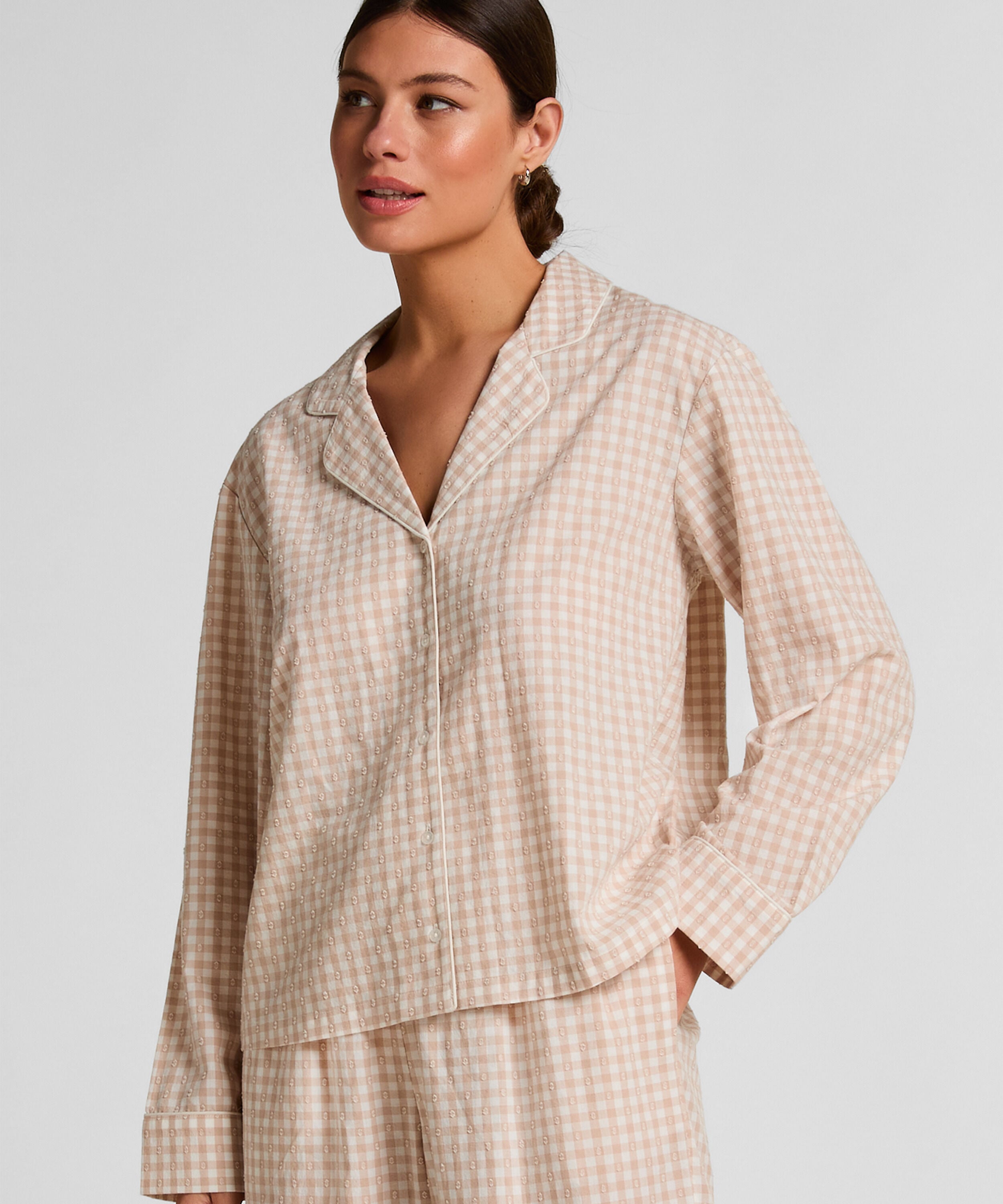 Dobby Pyjamasjakke i Vevd Bomull, Beige Dobby Pyjamasjakke i Vevd Bomull, Beige