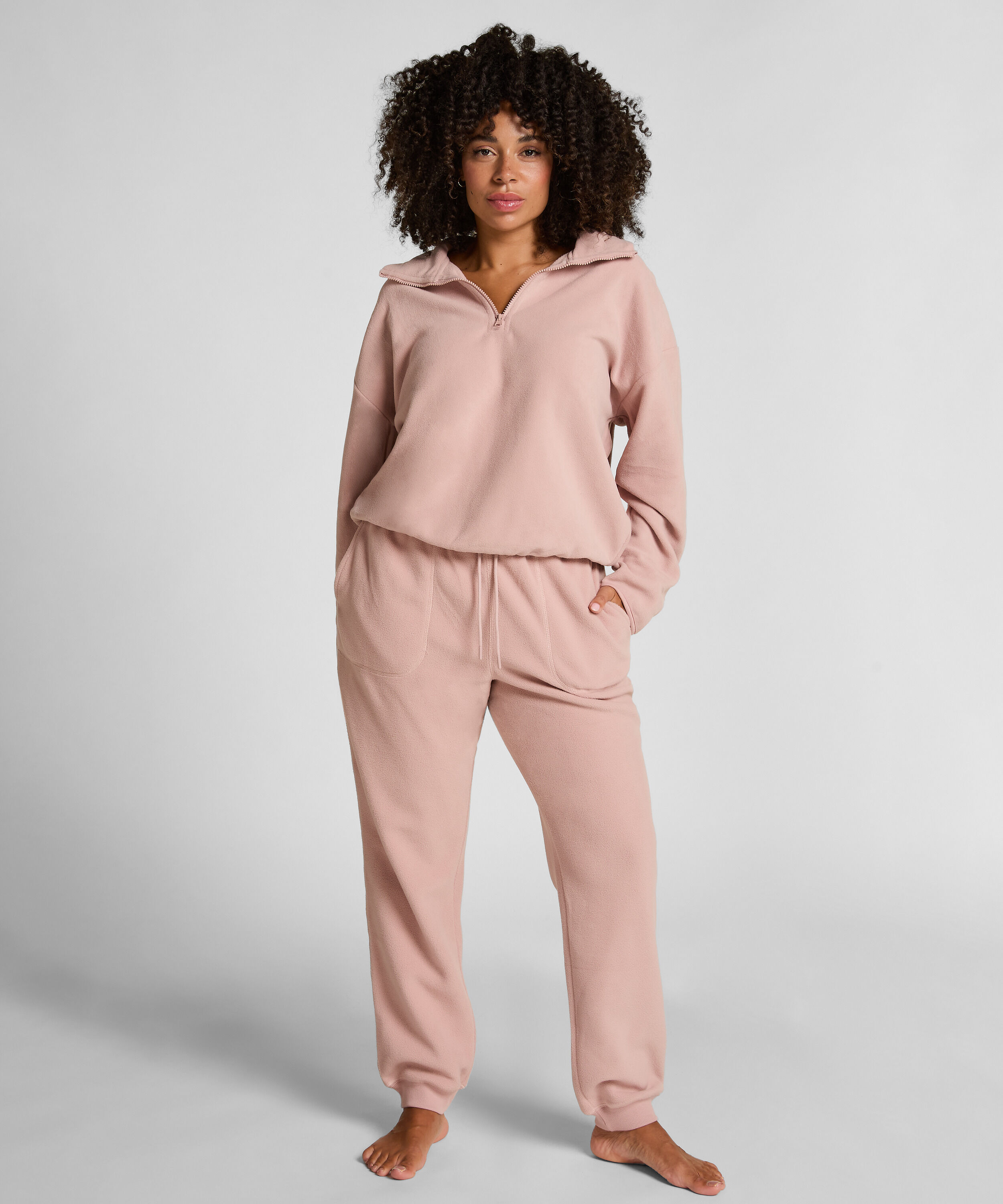 Topp med halv glidel&aring;s og sporty fleece, Rosa