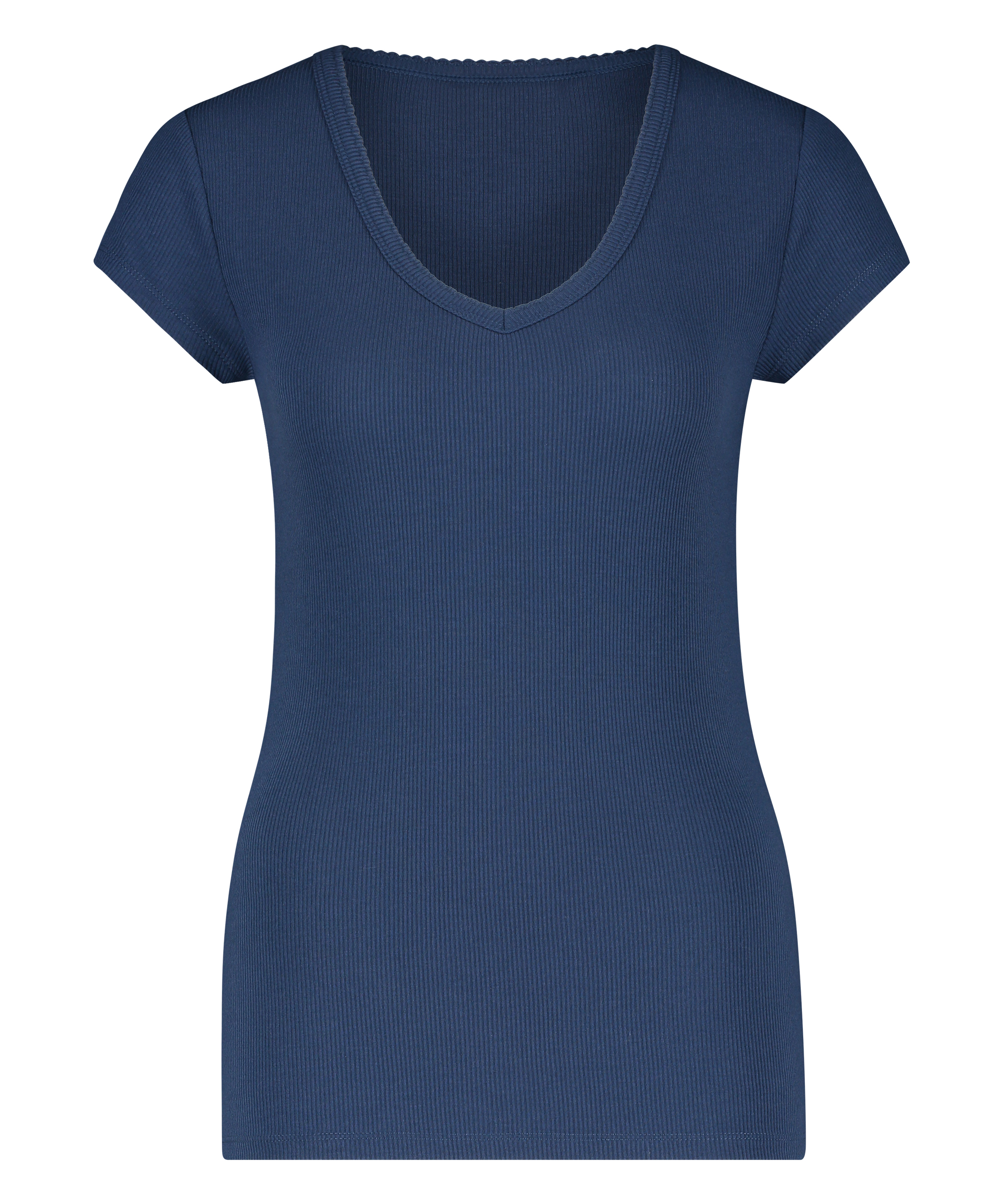 Ribbestrikket pysjamastopp med korte ermer., Blå, main