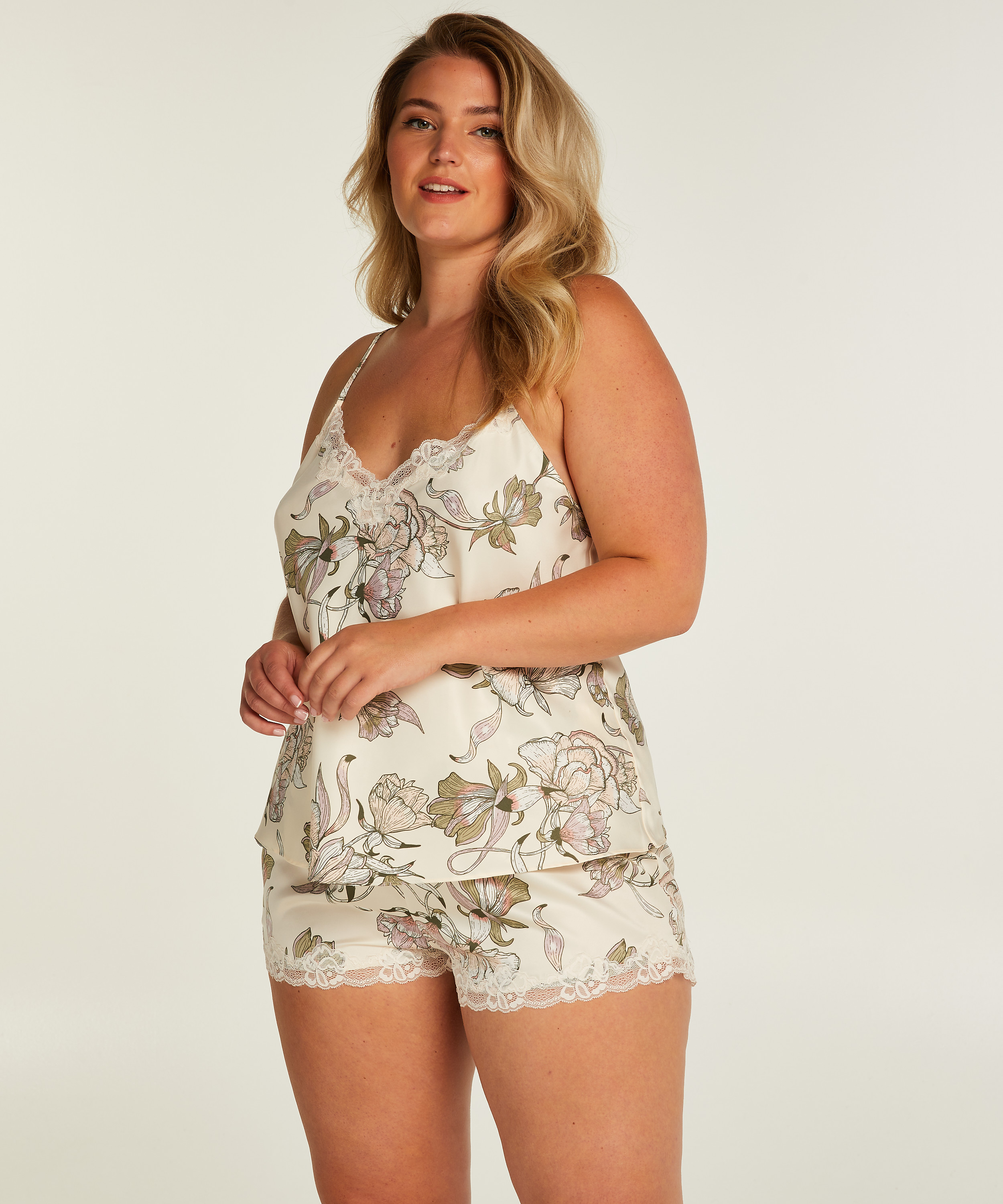 Pyjamasshorts i sateng, Hvit, main