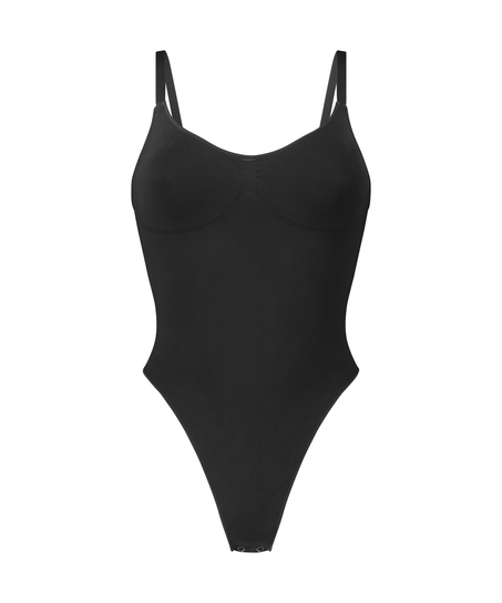 Sømløs body med høyt snitt, Svart