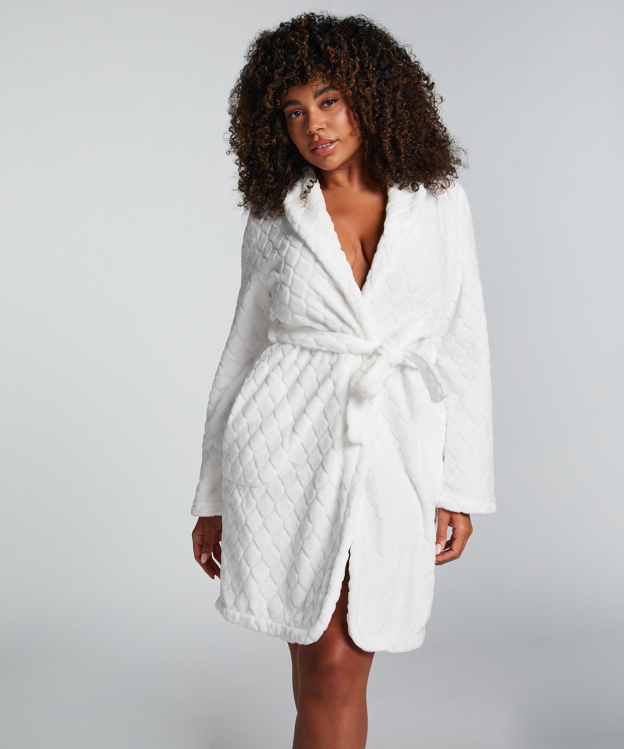 Fleece rib kort badekåpe, Hvit