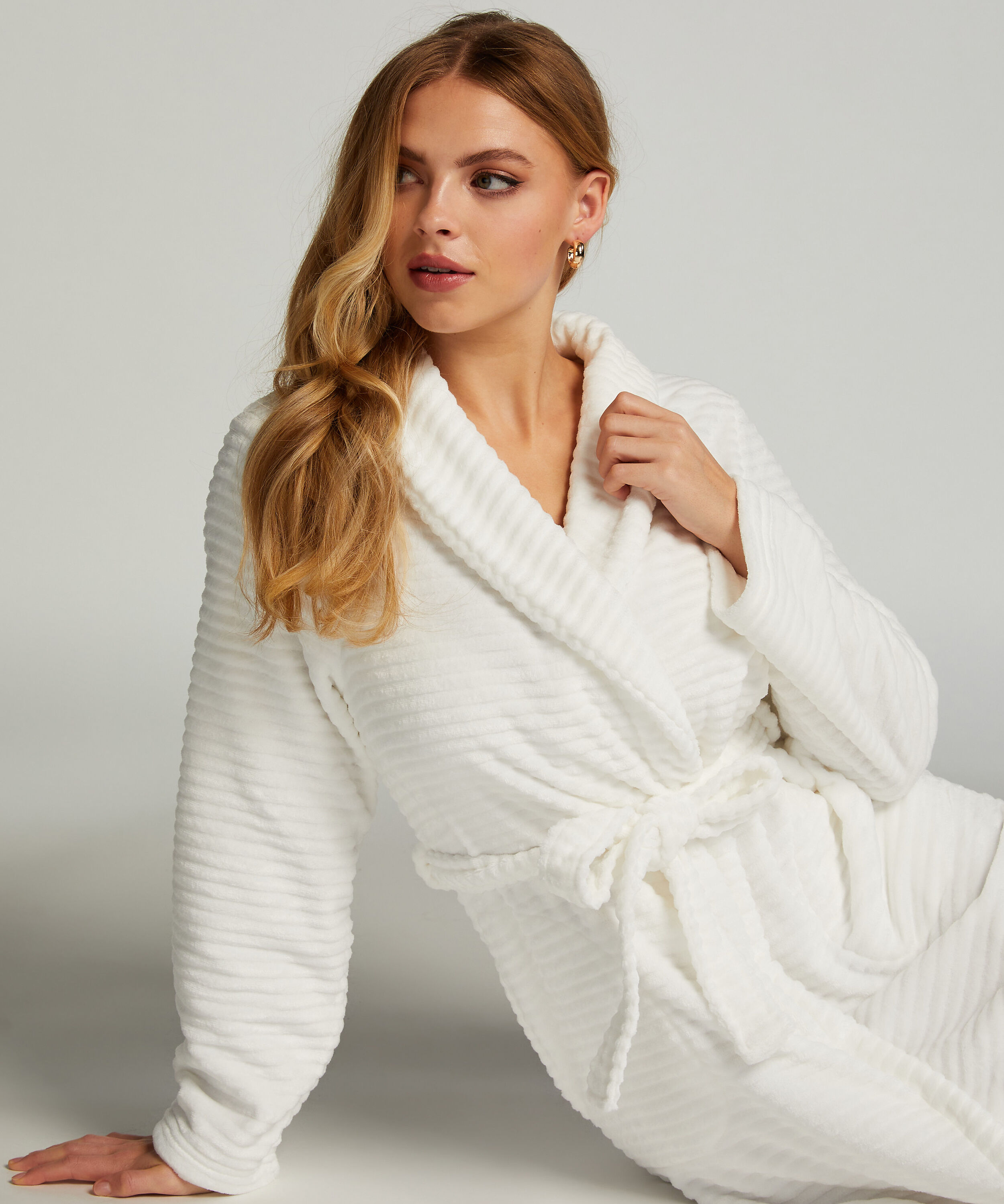 Fleece rib lang badekåpe, Hvit