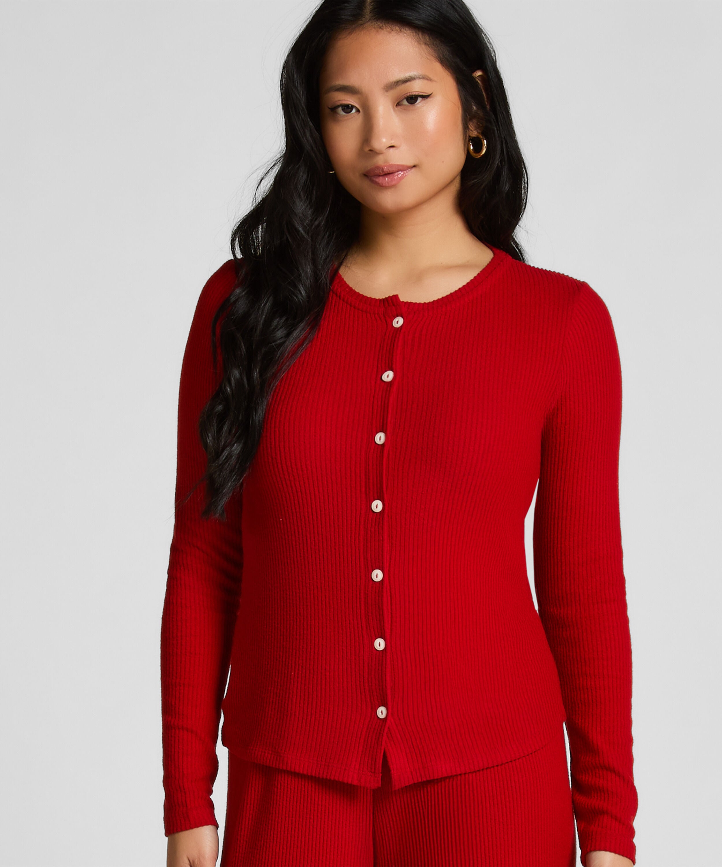 Ribbestrikket Jersey Cardigan, Rød