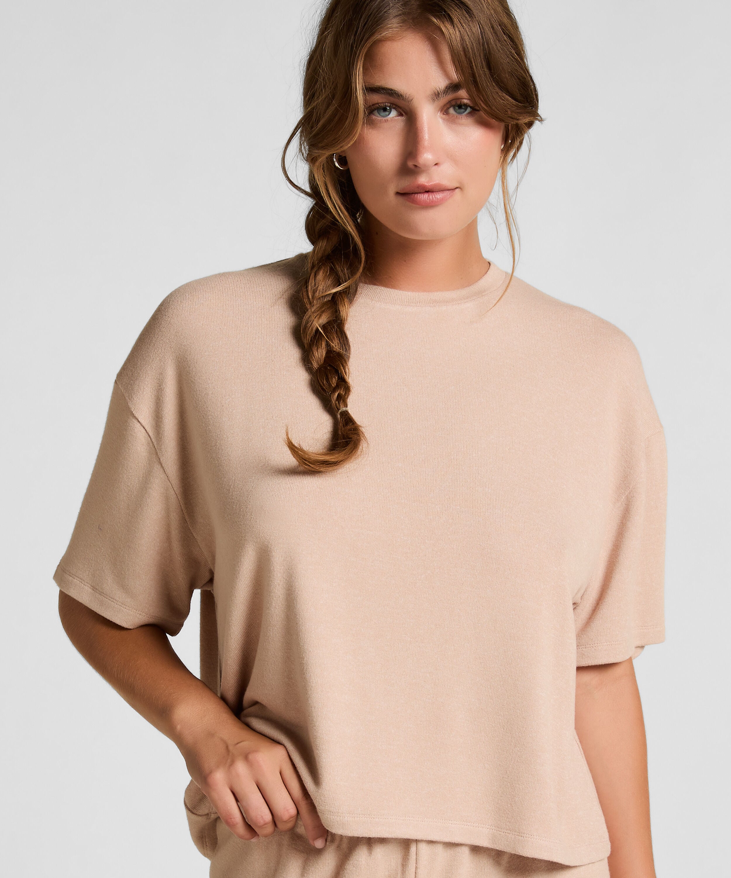 Pysjamastopp i børstet jersey, Beige