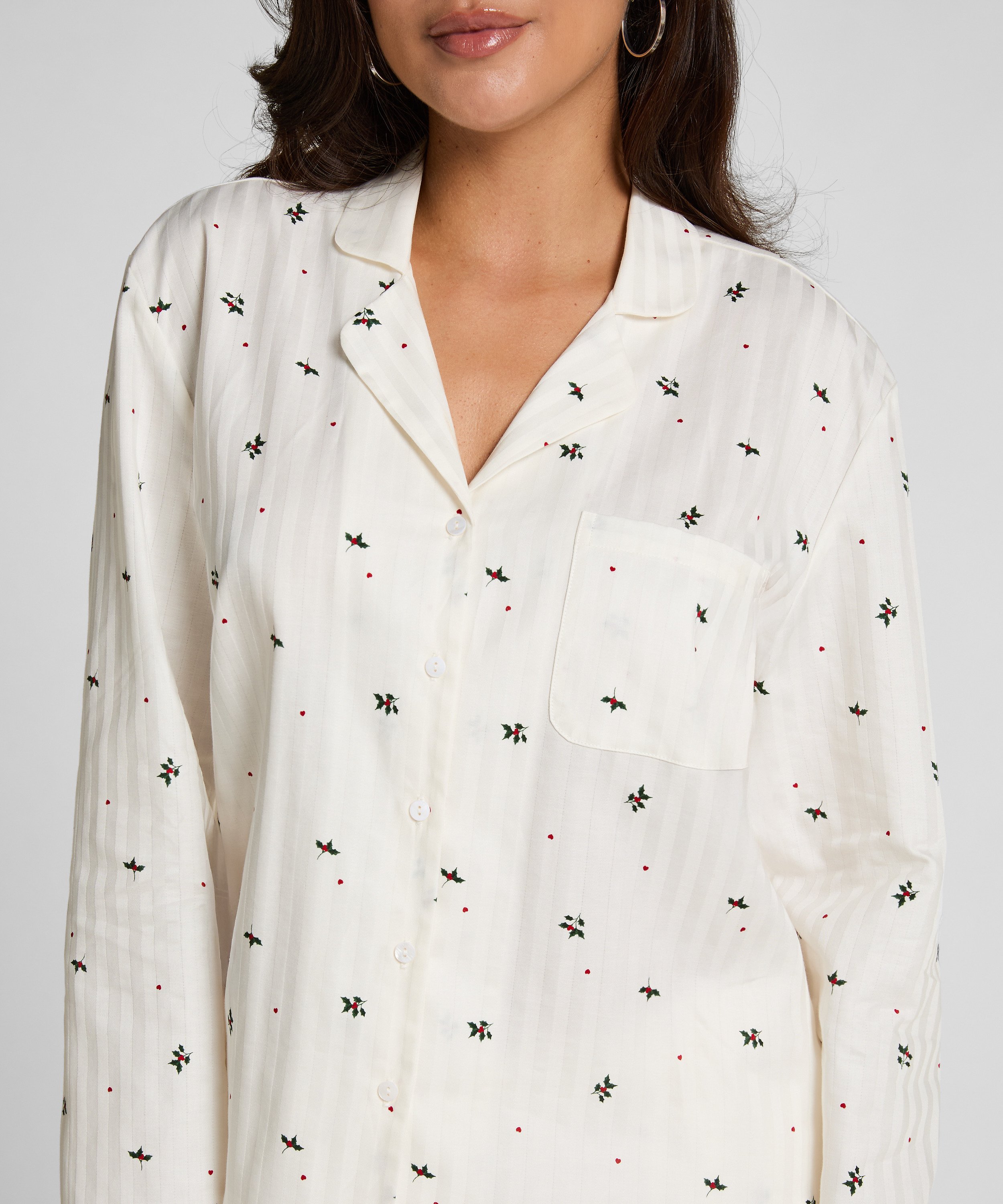 Jacquard Pyjamatopp med Lange Ermer, Hvit, main