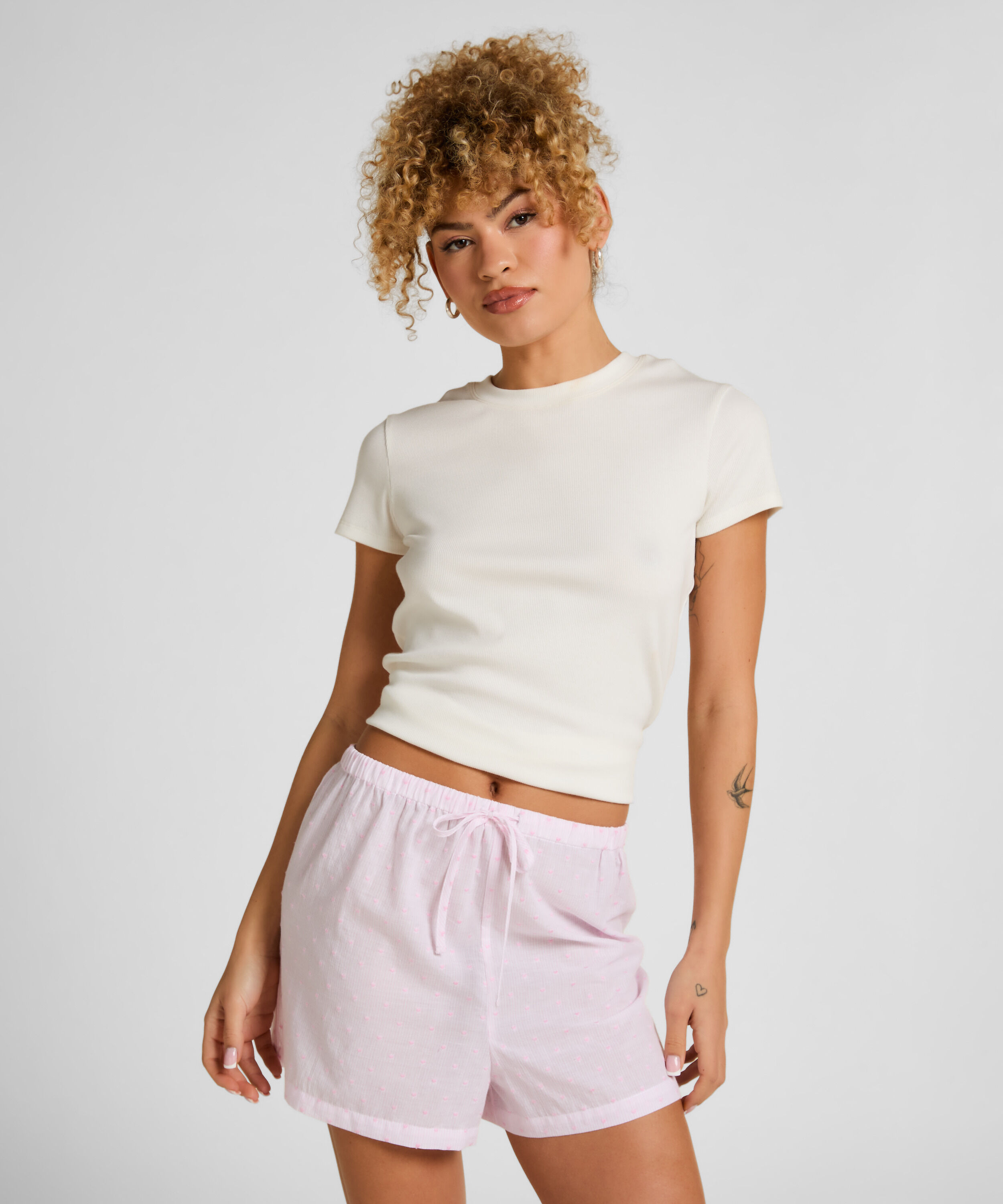 Heart Pyjamas Shorts - Stripet Bomull, Rosa
