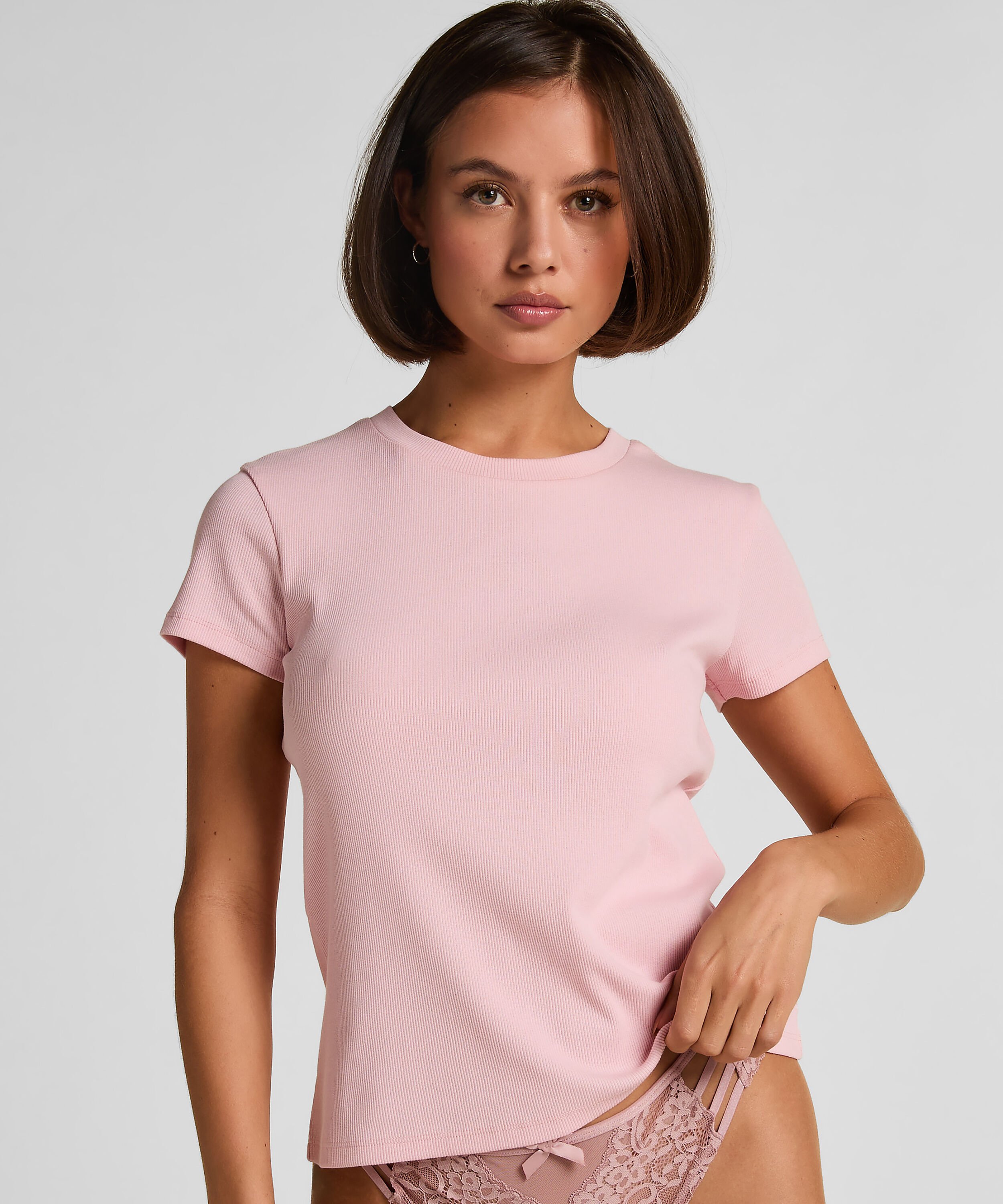 Ribbed Crew Neck Short-Sleeved Pyjama Top, Rosa