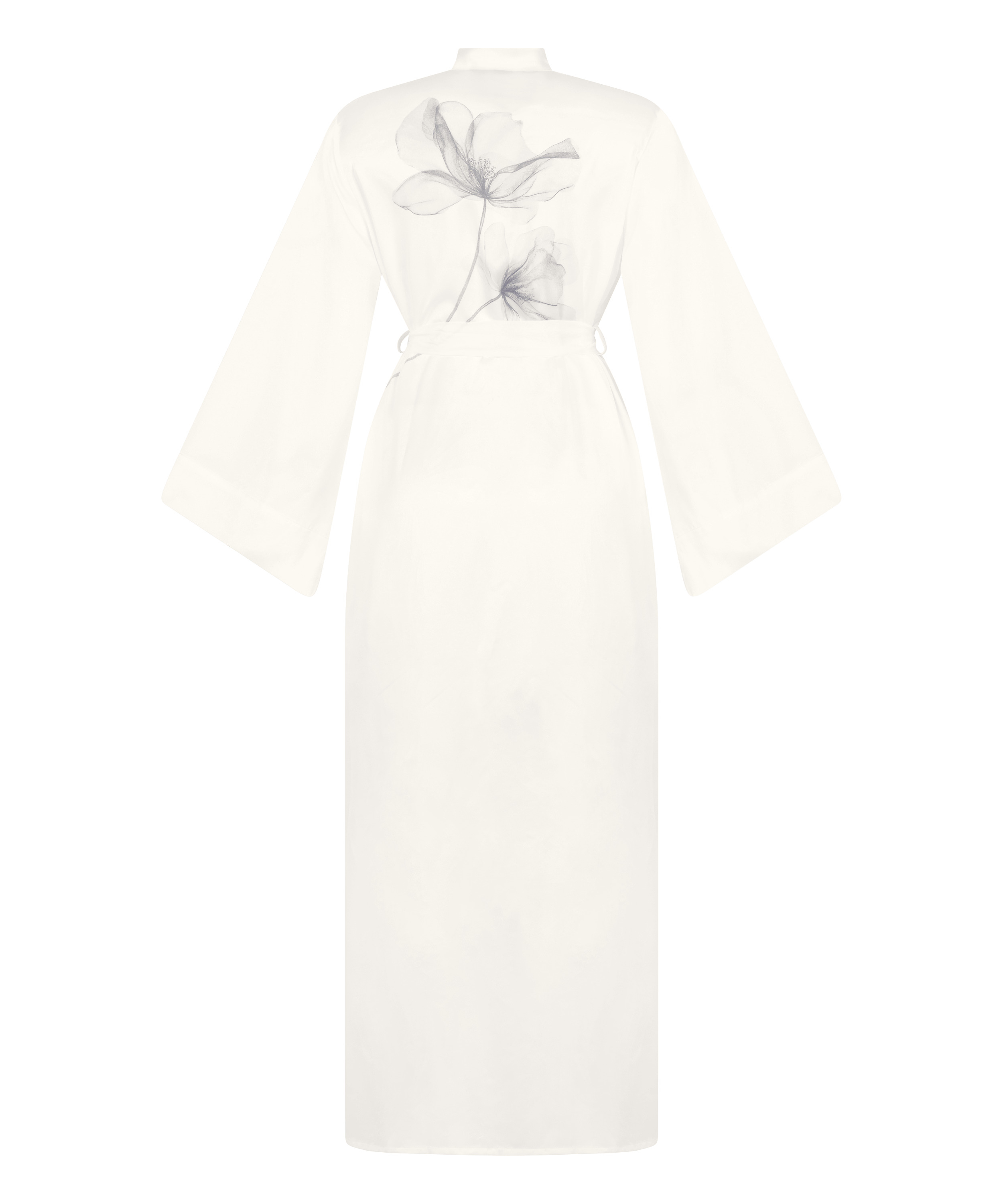 Lang kimono i sateng med blomstermotiv, Hvit, main