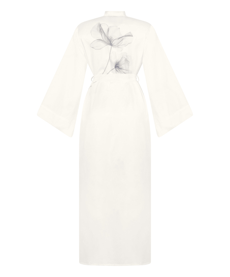 Lang kimono i sateng med blomstermotiv, Hvit