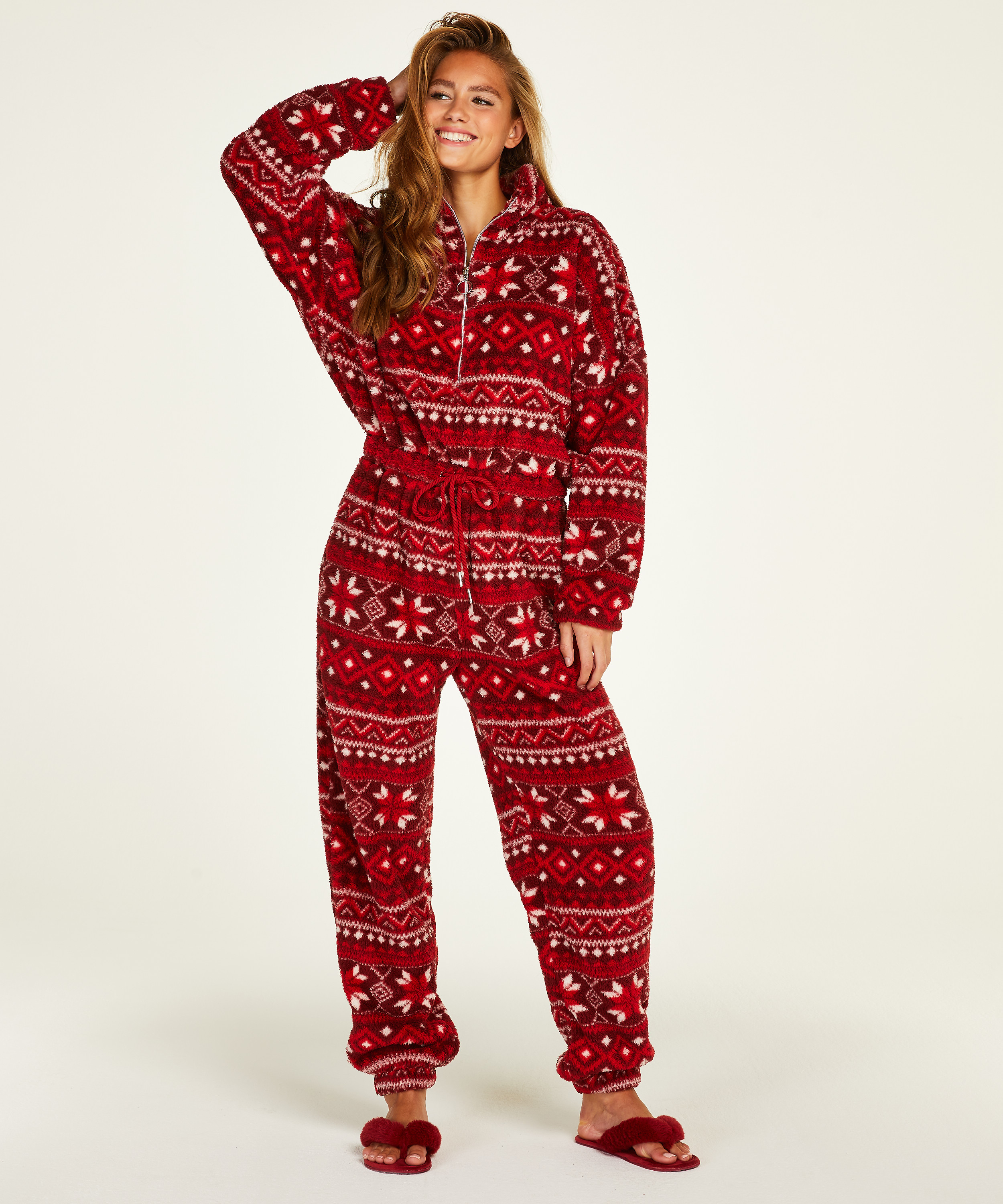 Fairisle flanellfleece onesie, Rød, main