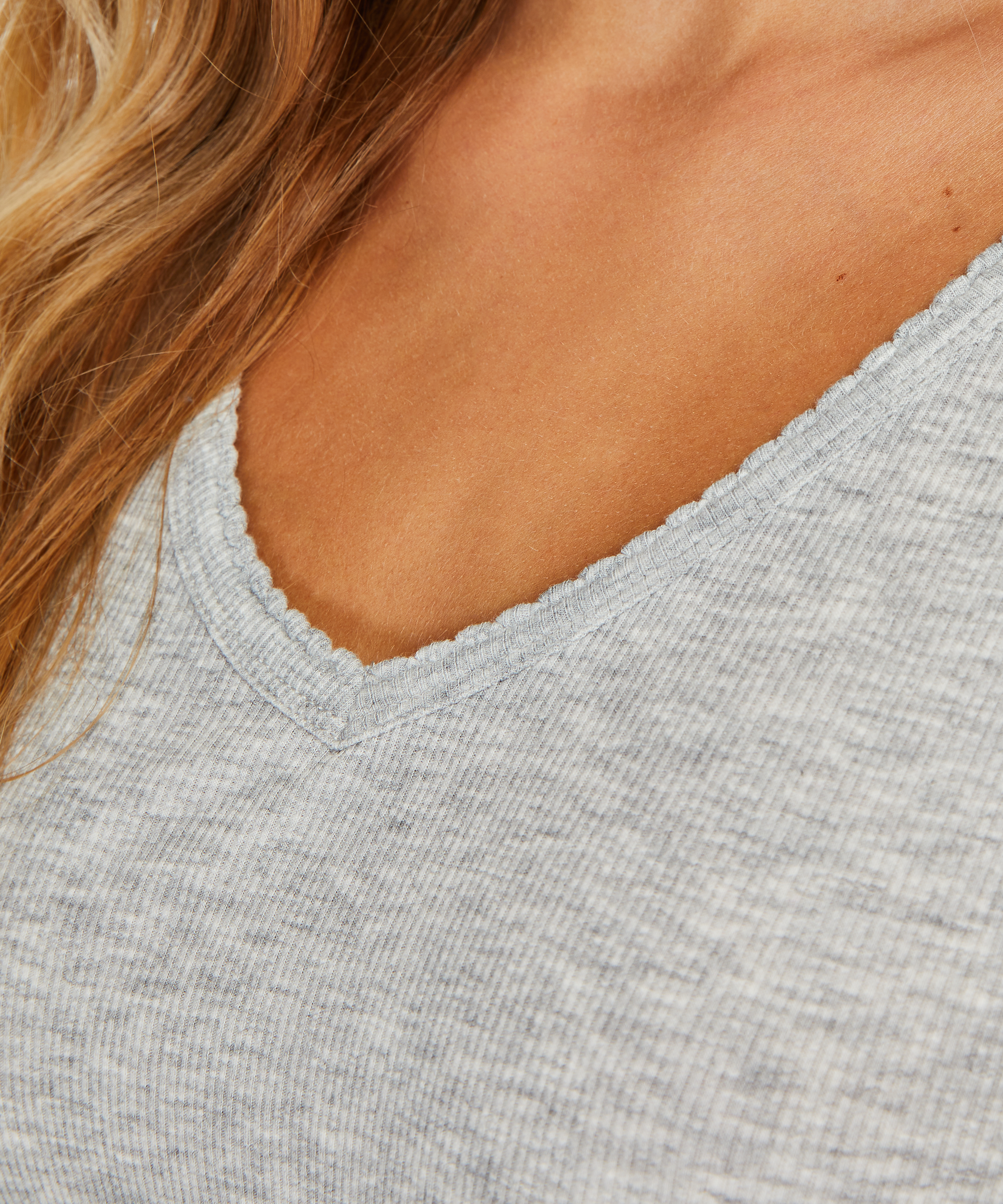 Ribbestrikket pysjamastopp med korte ermer., Grå, main