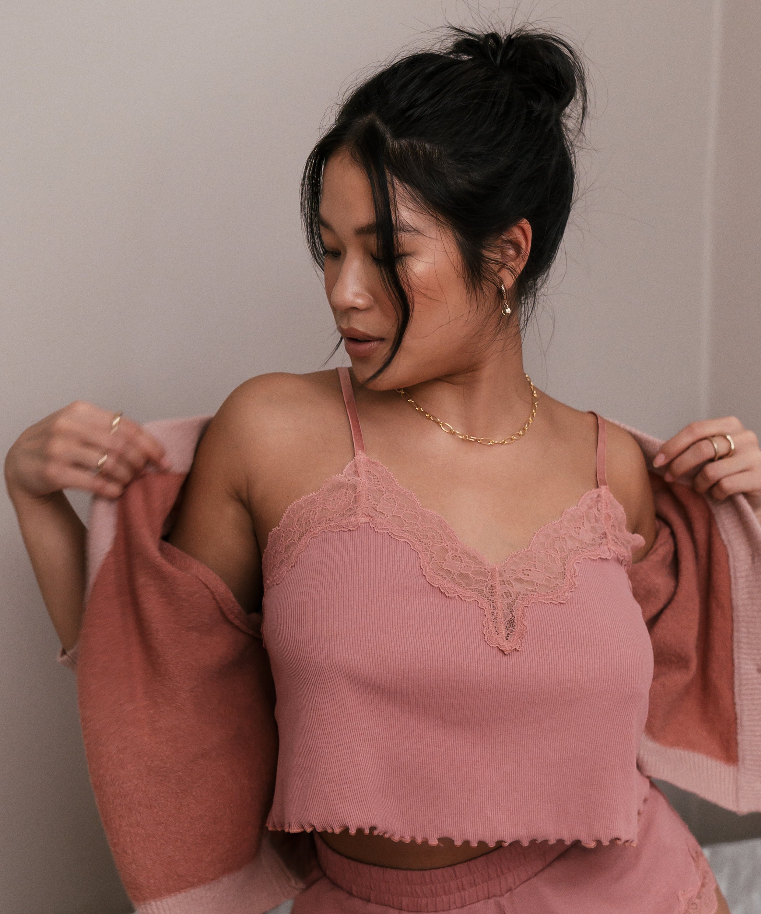 Mia HKM x NA-KD rib lace cami, Rosa, main