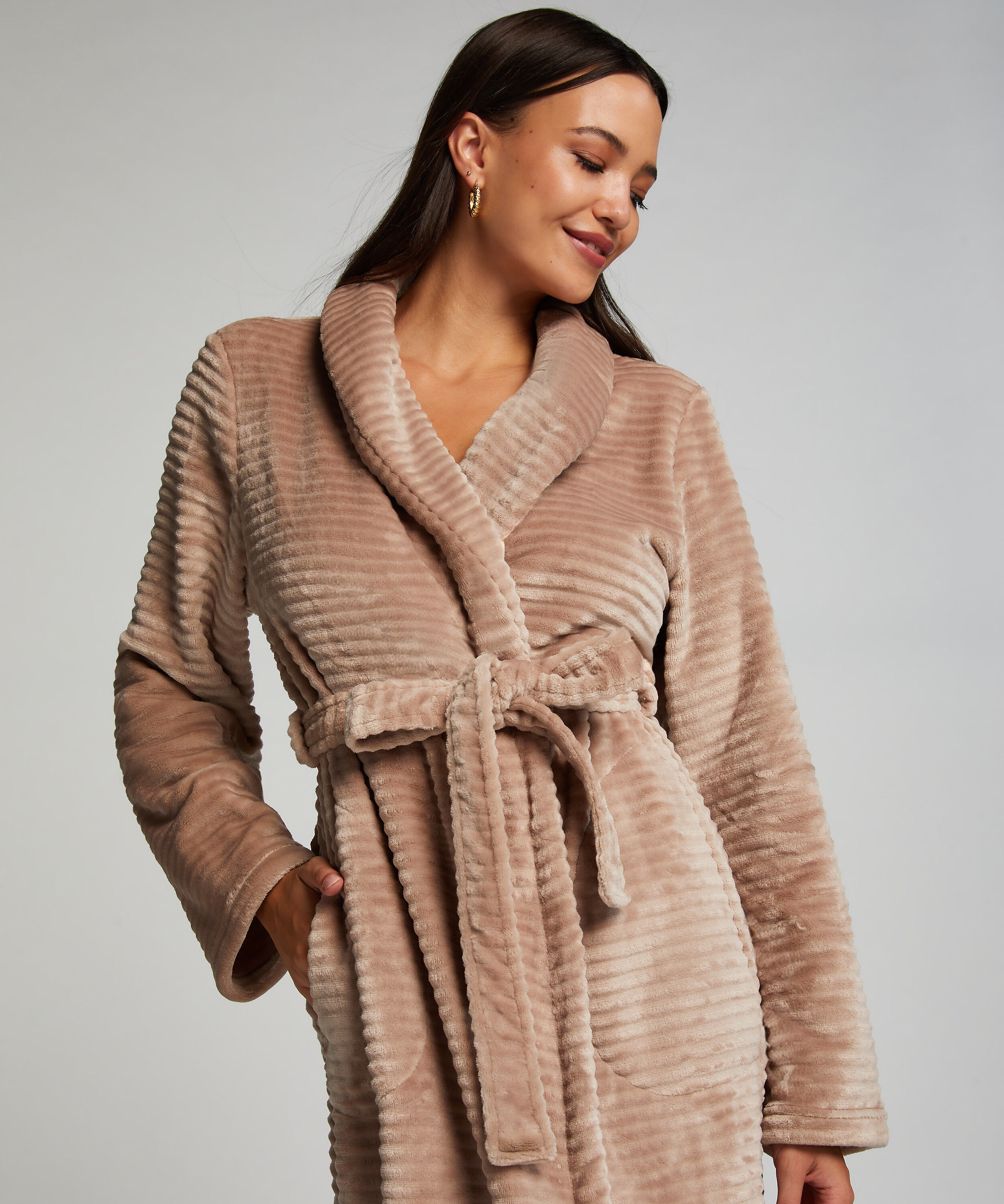 Fleece rib lang badekåpe, Beige